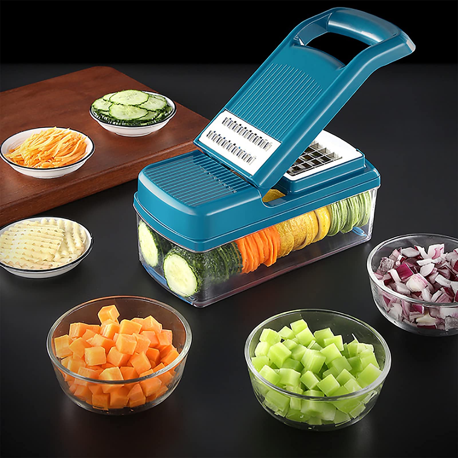 UNICH Vegetable Cutter Chopper Labor-saving Veggie Dicer Peeler 9 Sharp Blades Safe Handguard Handle Durable Vegetable Shredder Multifunctional Kitchenware Fruit Container Anti-slip Drainage Basket