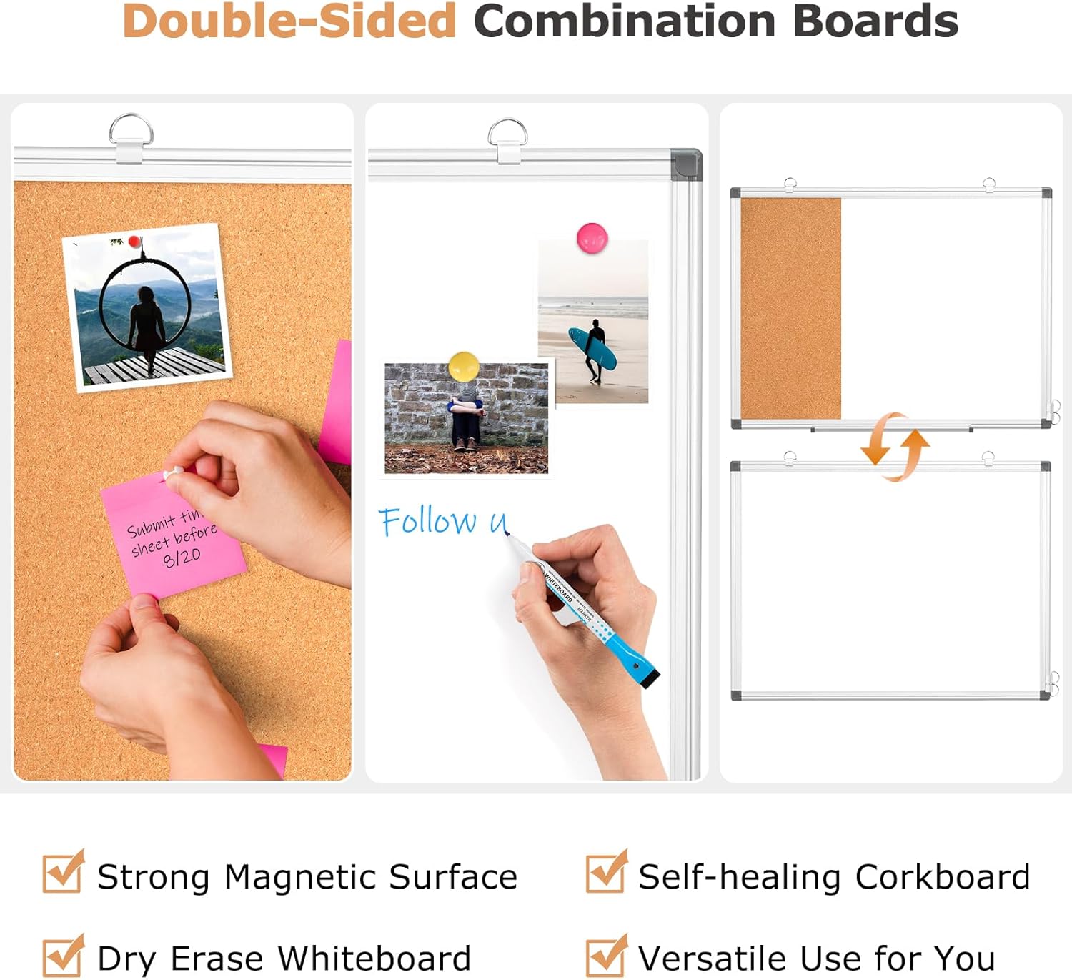 WALGLASS Dry Erase Cork Board Combo, 36"X24" White Bulletin Board for Wall, Magnetic Corkboard Whiteboard Combination, Vision Board for Office, Home, School