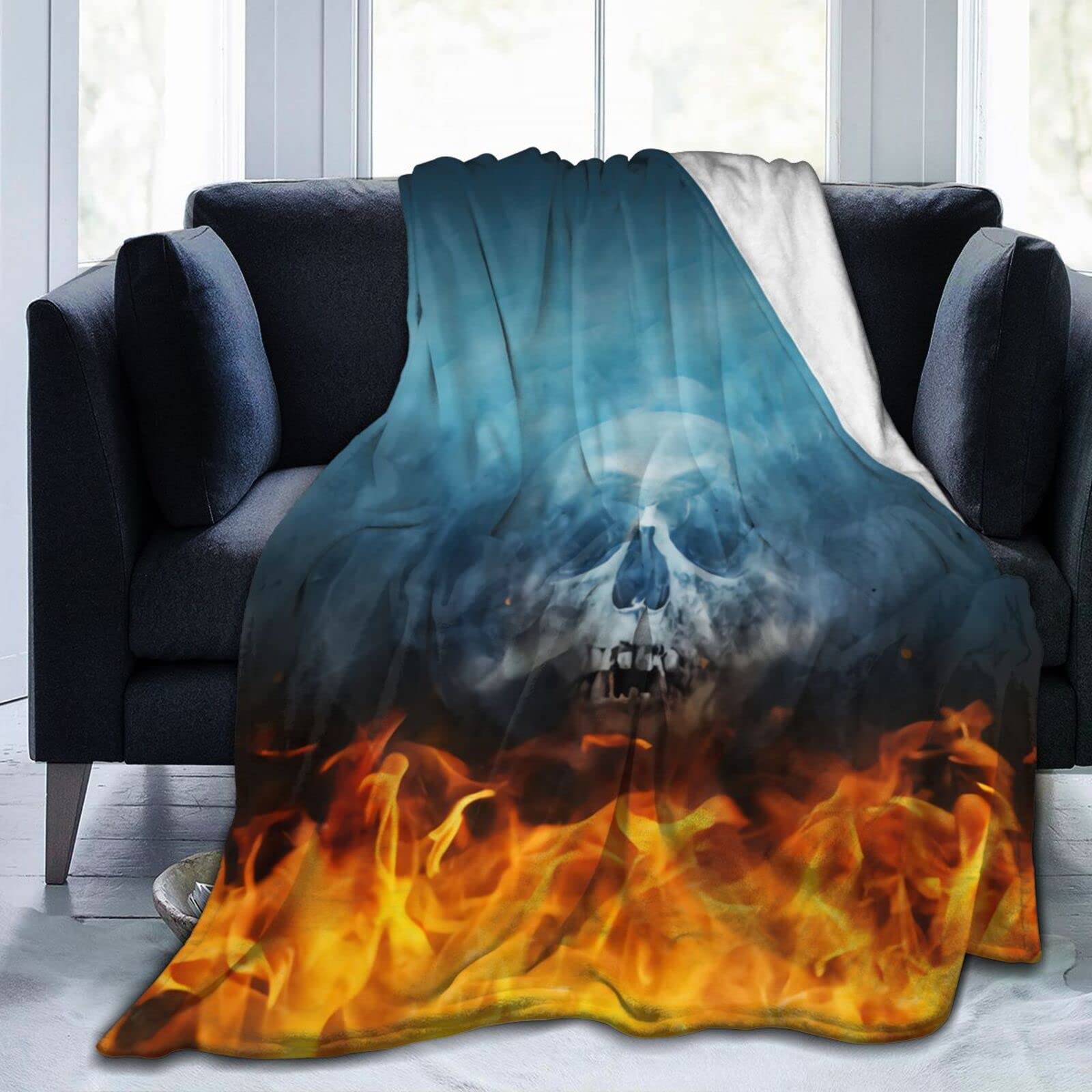 Lsjuee Skeleton Skull with Fire andThrow Blanket Scary Halloween Design Blankets Lightweight Soft Cozy Flannel Blanket for Sofa Couch Bed Office 80"X60"