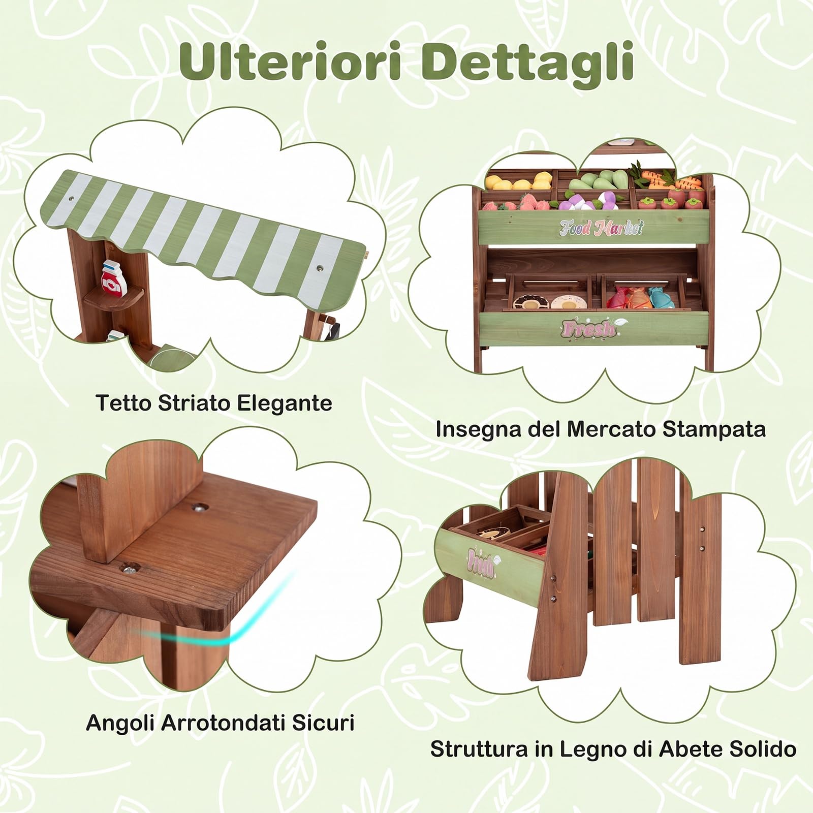 COSTWAY Bancarella in Legno per Bambini, Banco Mercato Giocattolo | con 6 Vani e 2 Cestini Estraibili, con Tetto, Lavagna, Bilancia e Accessori, per Bambini 3+ Anni, 50 x 33 x 91 cm