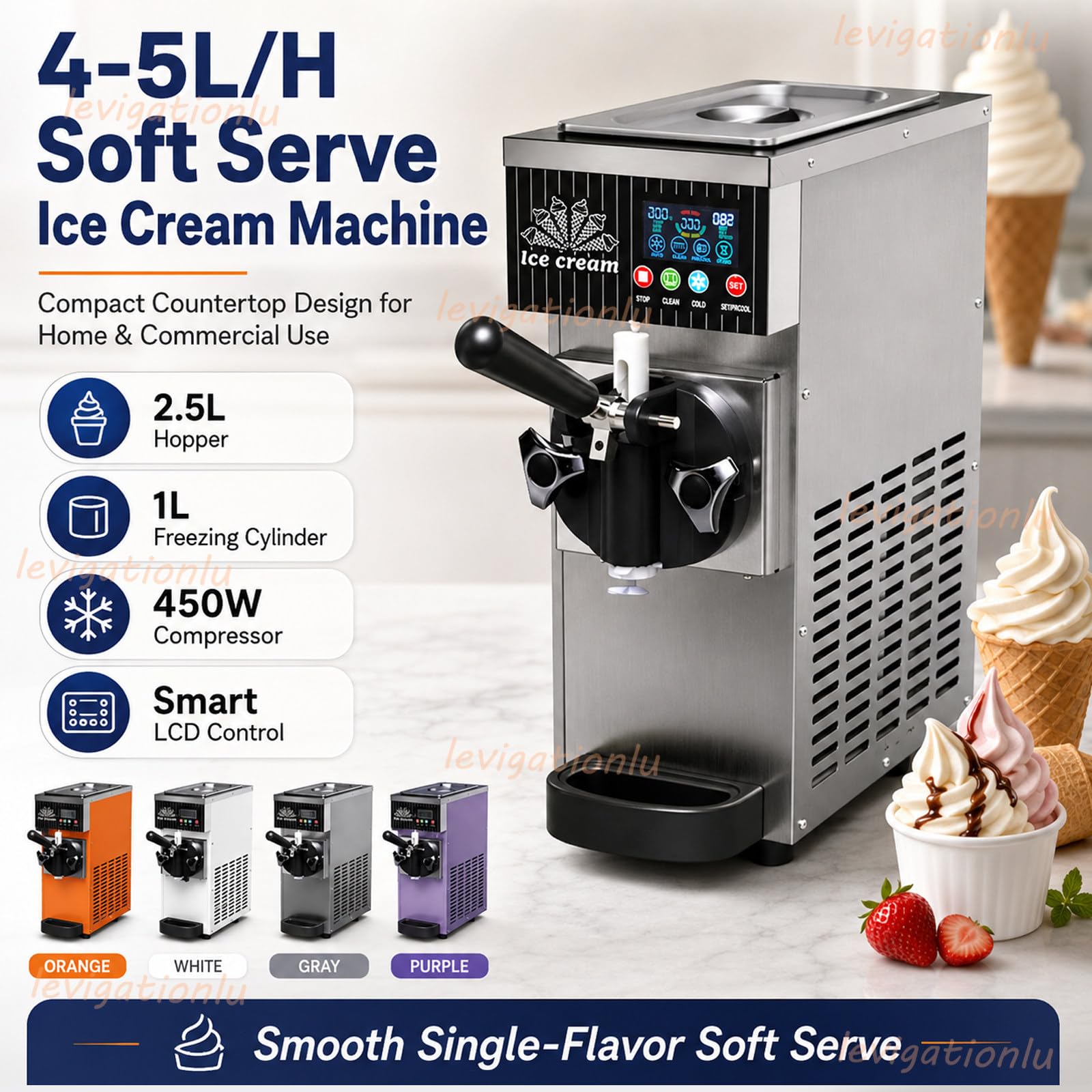 Máquina De Helado Soft para Casa, 4-5 L/H Máquina para Hacer Helados con Pantalla LCD, Preenfriamiento Y Limpieza Automática, para Tarrinas, Sorbetes, Postres Y Cucuruchos White