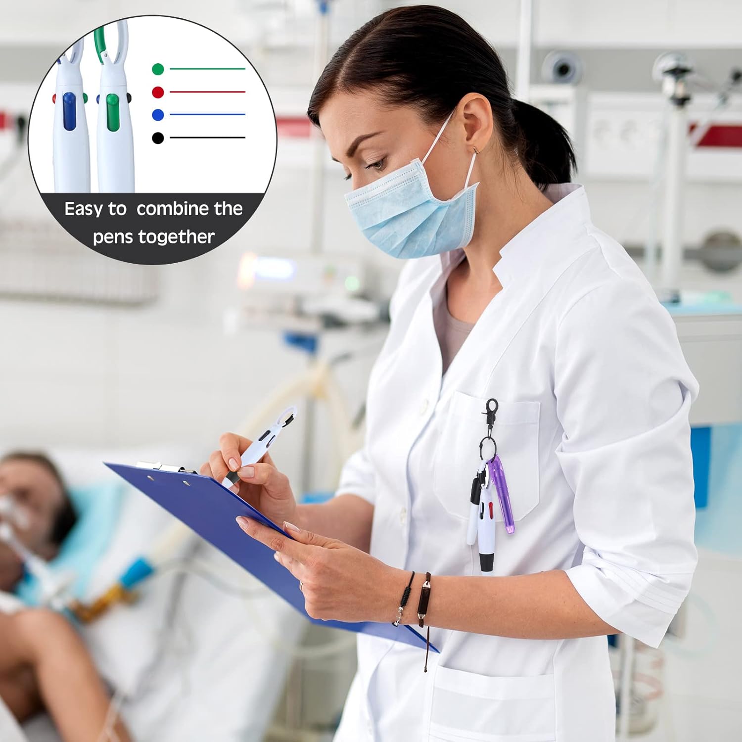 Fulmoon 120 Pcs Nurse Pen Set for Badge Accessories Retractable Ballpoint Pen Mini Highlighters Permanent Marker Nursing Keychain Clip Nurse Gifts Bulk for Women Appreciation Gift (Black Color)