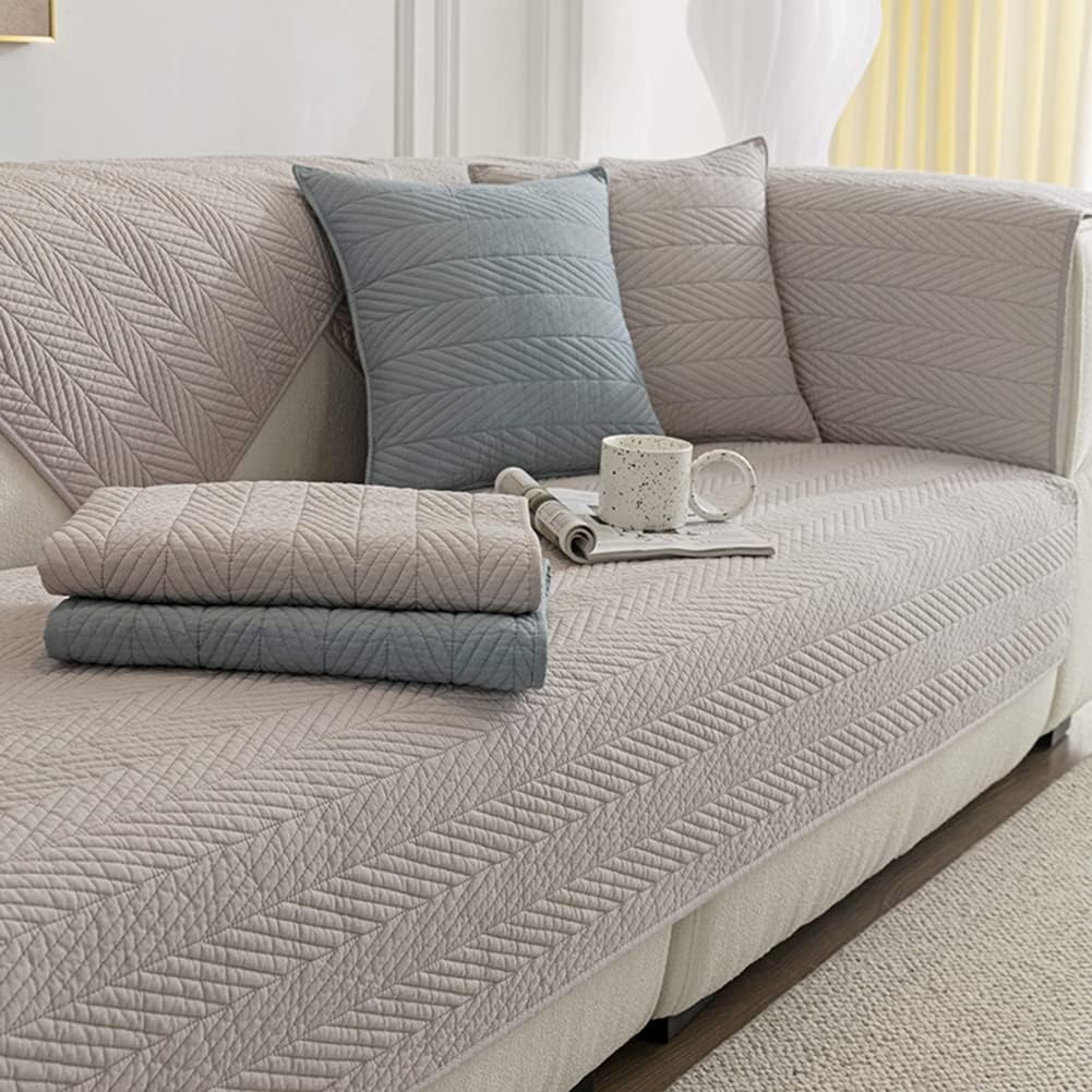 vctops Soft Cotton Sofa Couch Cover Stripe Quilted Sectional Couch Covers Nonslip Sofa Slipcover for Dogs Cats Pet Love Seat Recliner Leather L Shaped, Armrest Backrest Cover (Beige Grey,28"x47")
