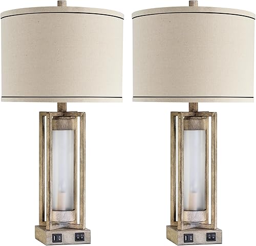 Miniatura 9 de RORIANO Juego de 2 lámparas de mesa de granja de 25 pulgadas para sala de estar con puertos USB A+C, lámpara de mesita de noche rústica con luz