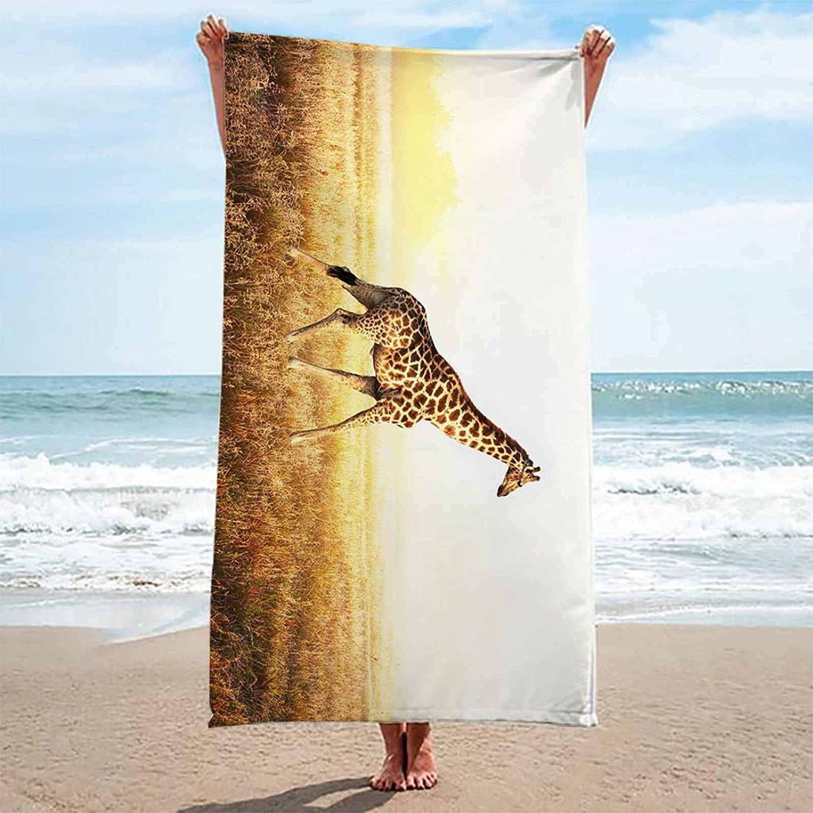 Telo Spiaggia Grande In Microfibra, Giraffa Della Prateria Al Tramonto 3D Rettangolo Antisabbia Asciugatura Rapid Leggero Asciugamano Da Spiaggia Leisure Telo Per Piscina, Picnic E Vacanze 90 X 180 C