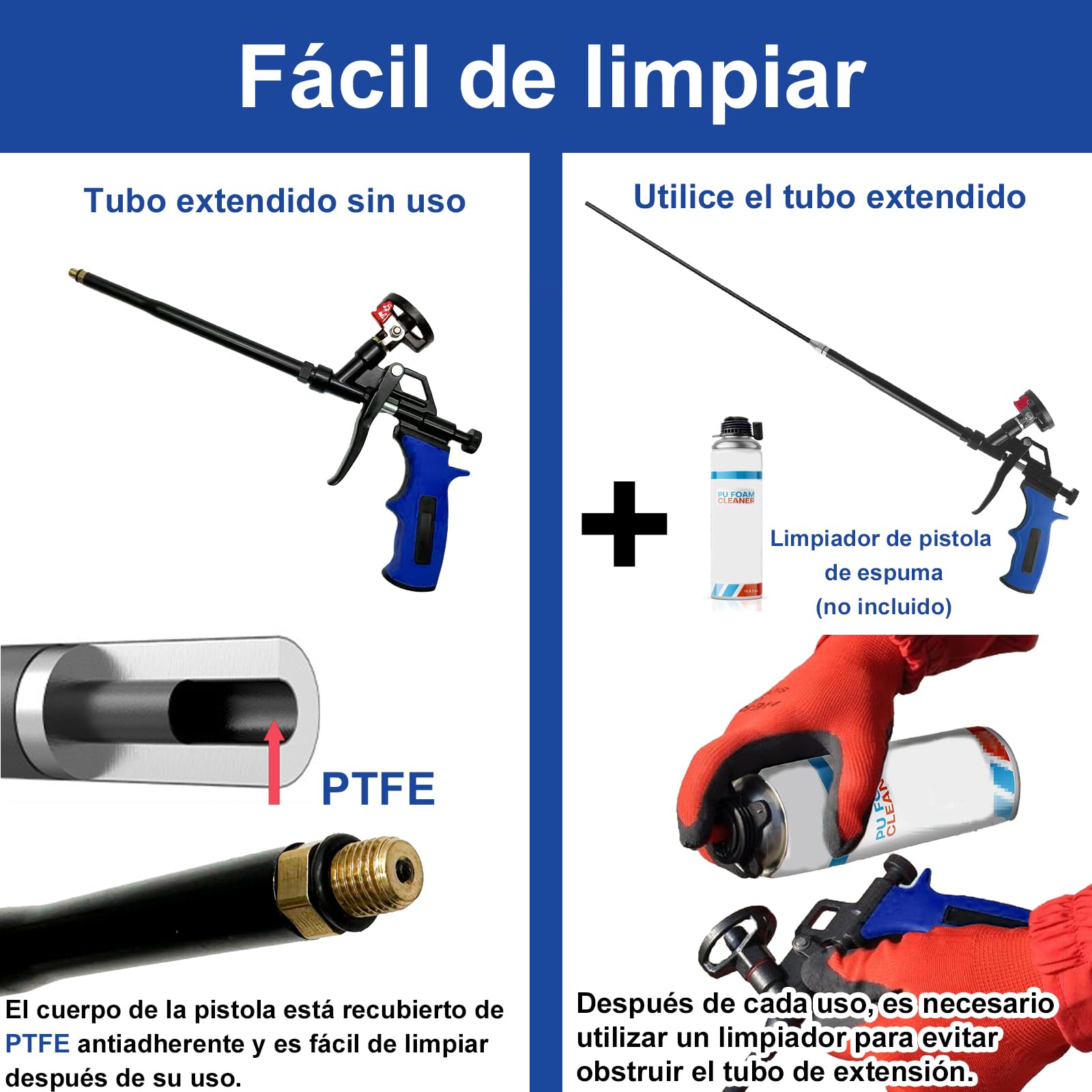 Pistola de espuma desmontable de 24 pulgadas, pistola de espuma expandible profesional, pistola de espuma dispensadora adecuada para calafatear, llenar, sellar (azul)