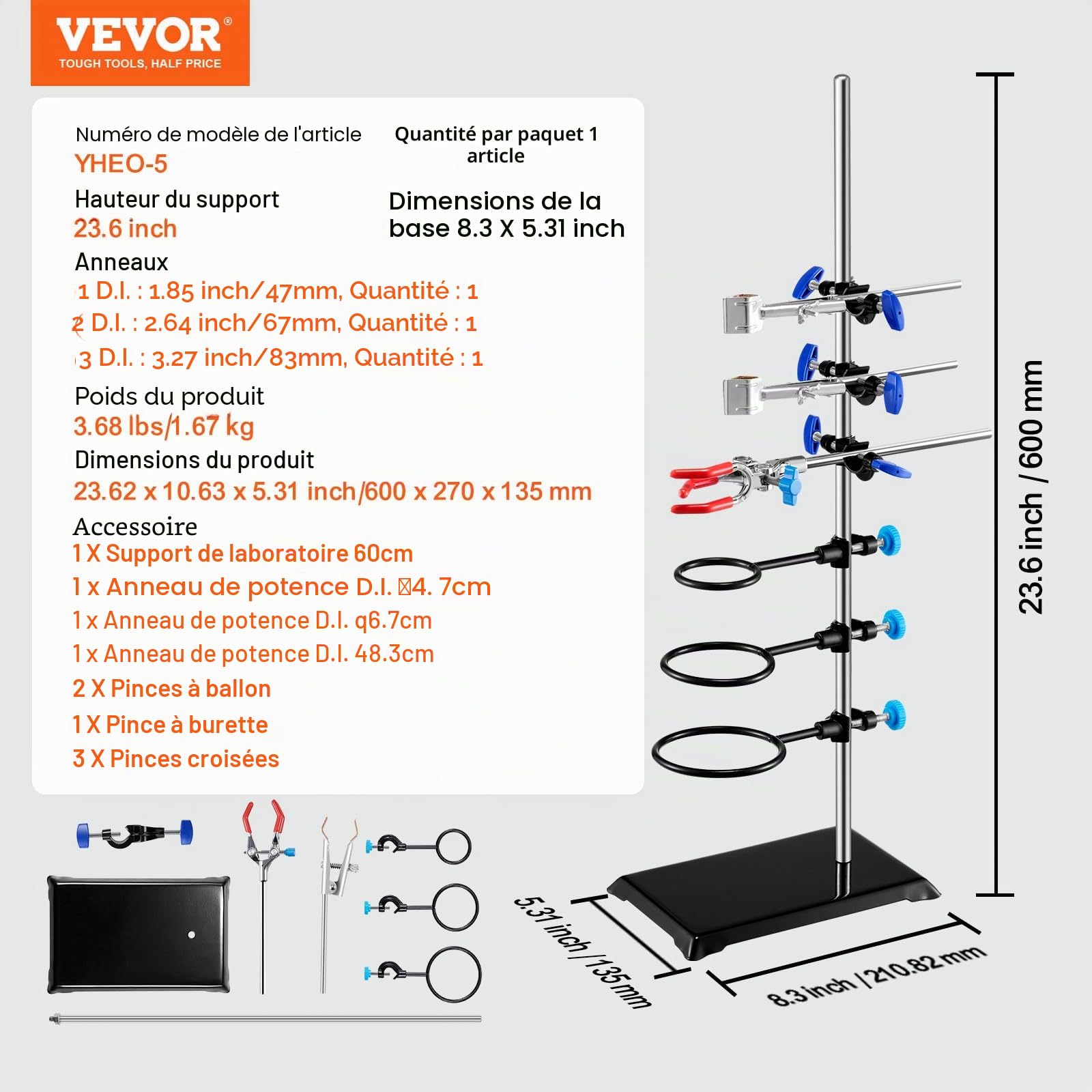 VEVOR Support de Retort Laboratoire 6 Pinces 3 Cerceaux, Kit de Support Lab 60CM, Base Stable pour Verrerie Chimique