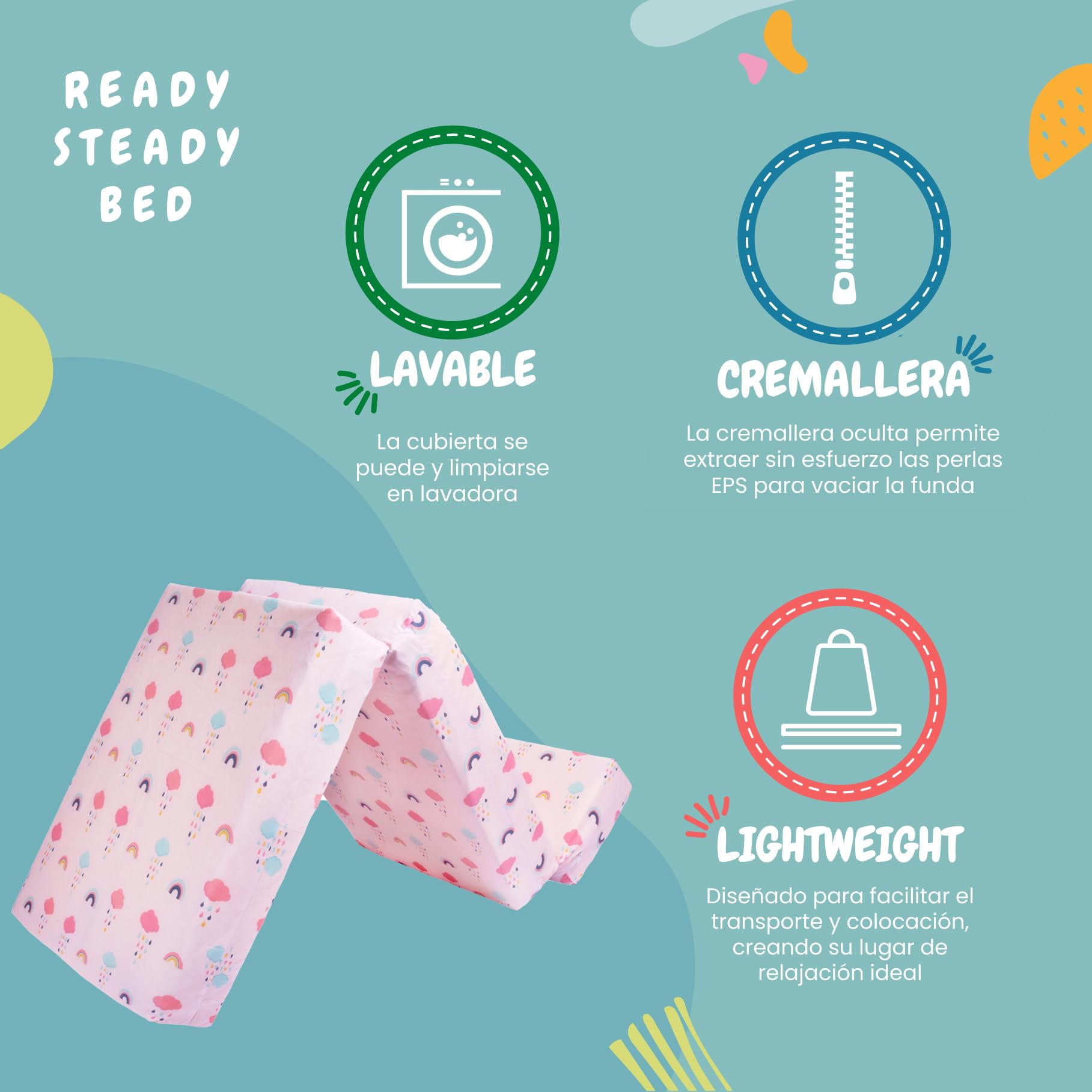 Ready Steady Bed Kids Sofá Cama Plegable | Silla de Dormir para Niños Individual y Resistente al Agua | Mueble Cómodo para Niños para Sala de Estar, Cuarto de Juegos y Dormitorio (Arcoíris)