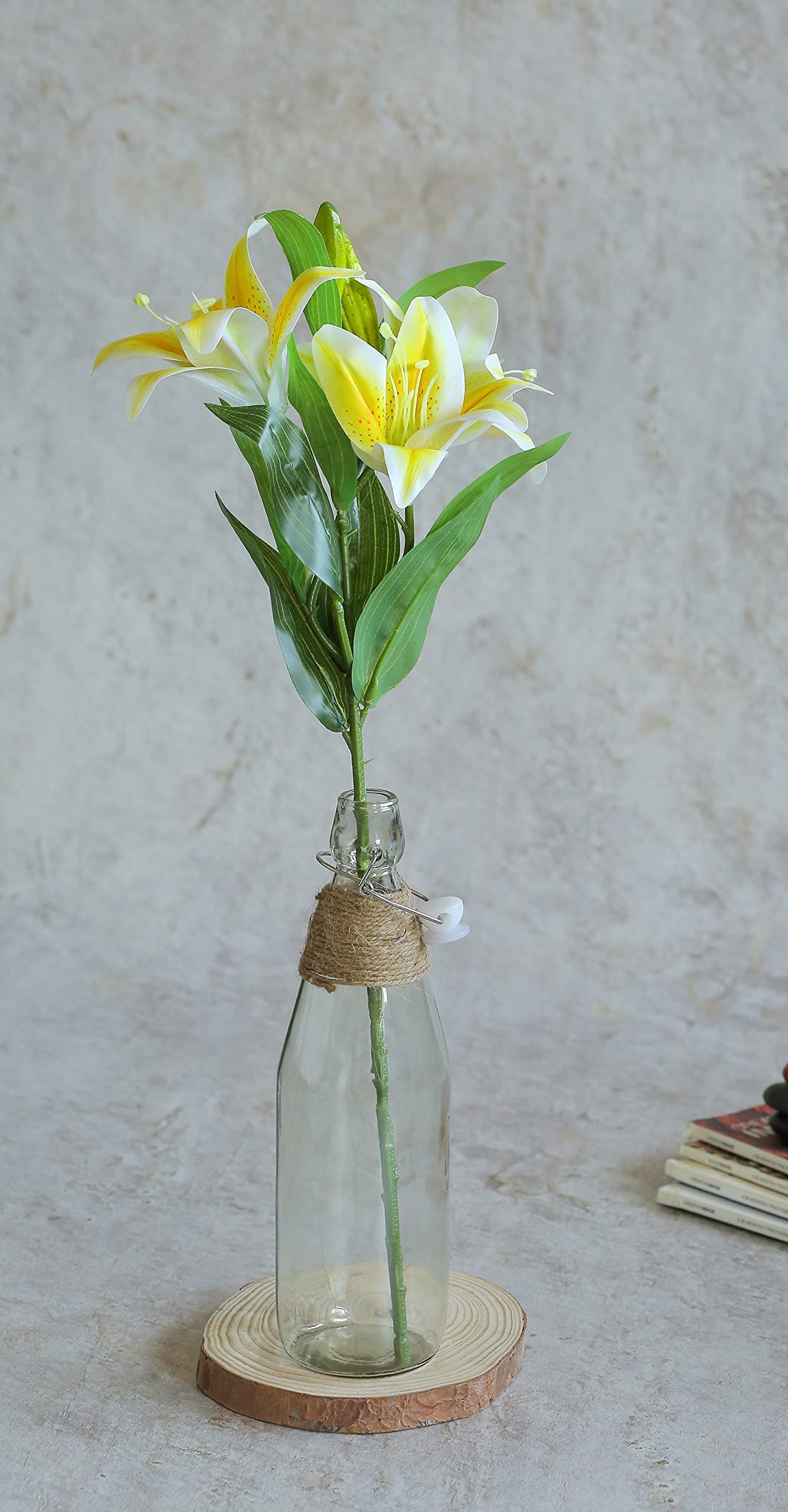 SATYAM KRAFT 1 Pcs with (3 Head) Lily Artificial Flowers Sticks for Home Decor, Bedroom, Living Room, Table, Balcony, Office, Wedding, Pooja, Anniversary Decorations – (Yellow) (Without Vase Pot)