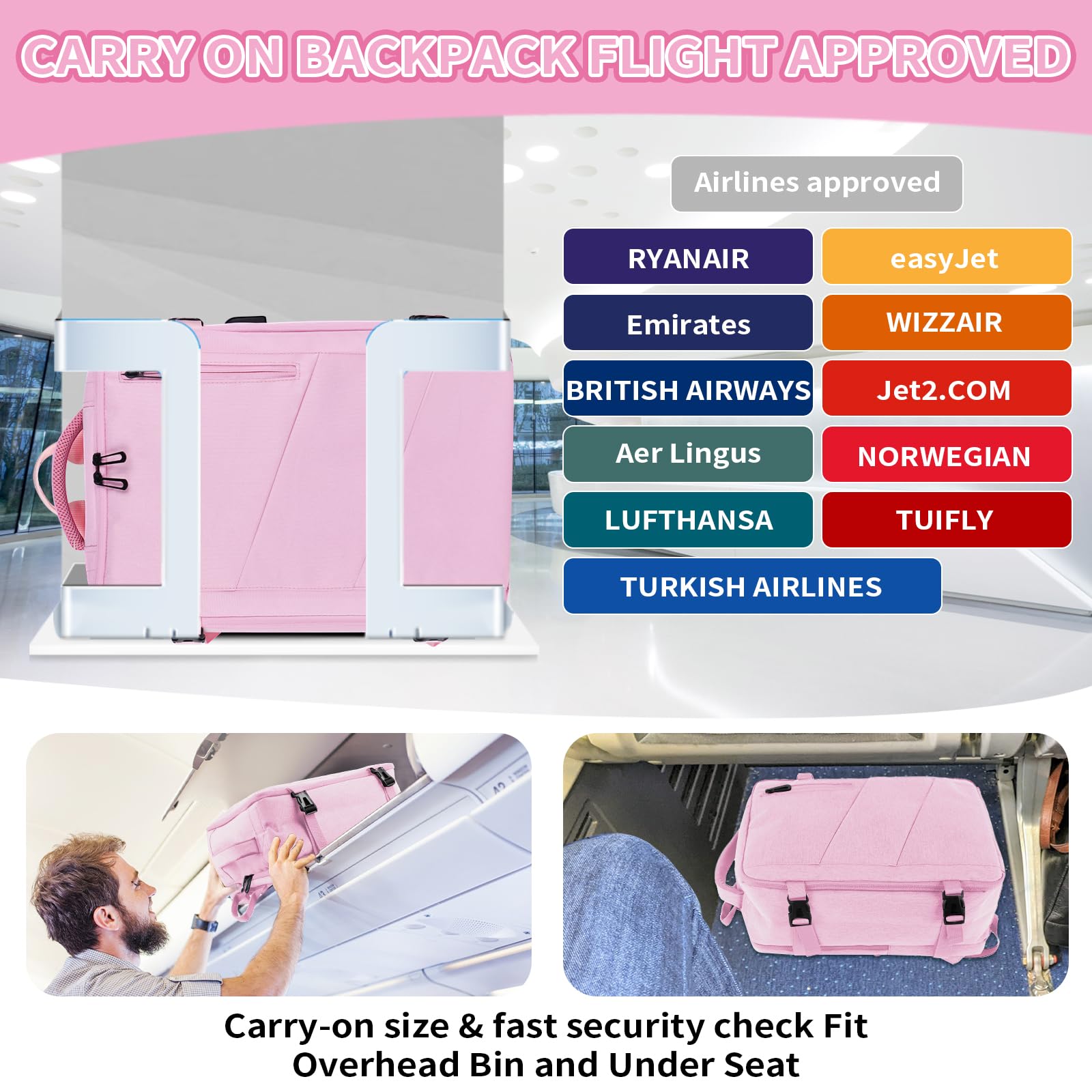 VOESLD Zaino 45x36x20 per Easyjet, Zaino da Viaggio Aereo Bagaglio a Mano Rosa Donna Impermeabile Zaino Bagaglio a Mano per Tutte le Principali Compagnie Aeree, con Porta USB 32L