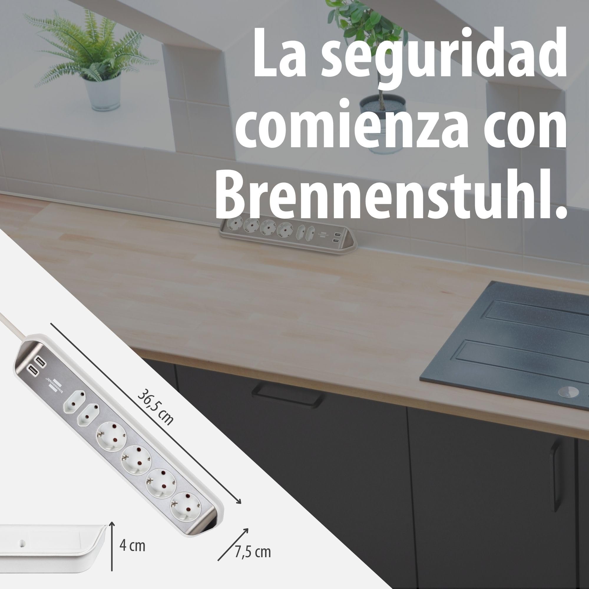 Brennenstuhl regleta de enchufes en Forma Esquina con 6 Tomas de Corriente y USB (4X Tomas de Corriente, 2X Euro, 2X Carga USB, Superficie de Acero Inoxidable) Plateado/Blanco