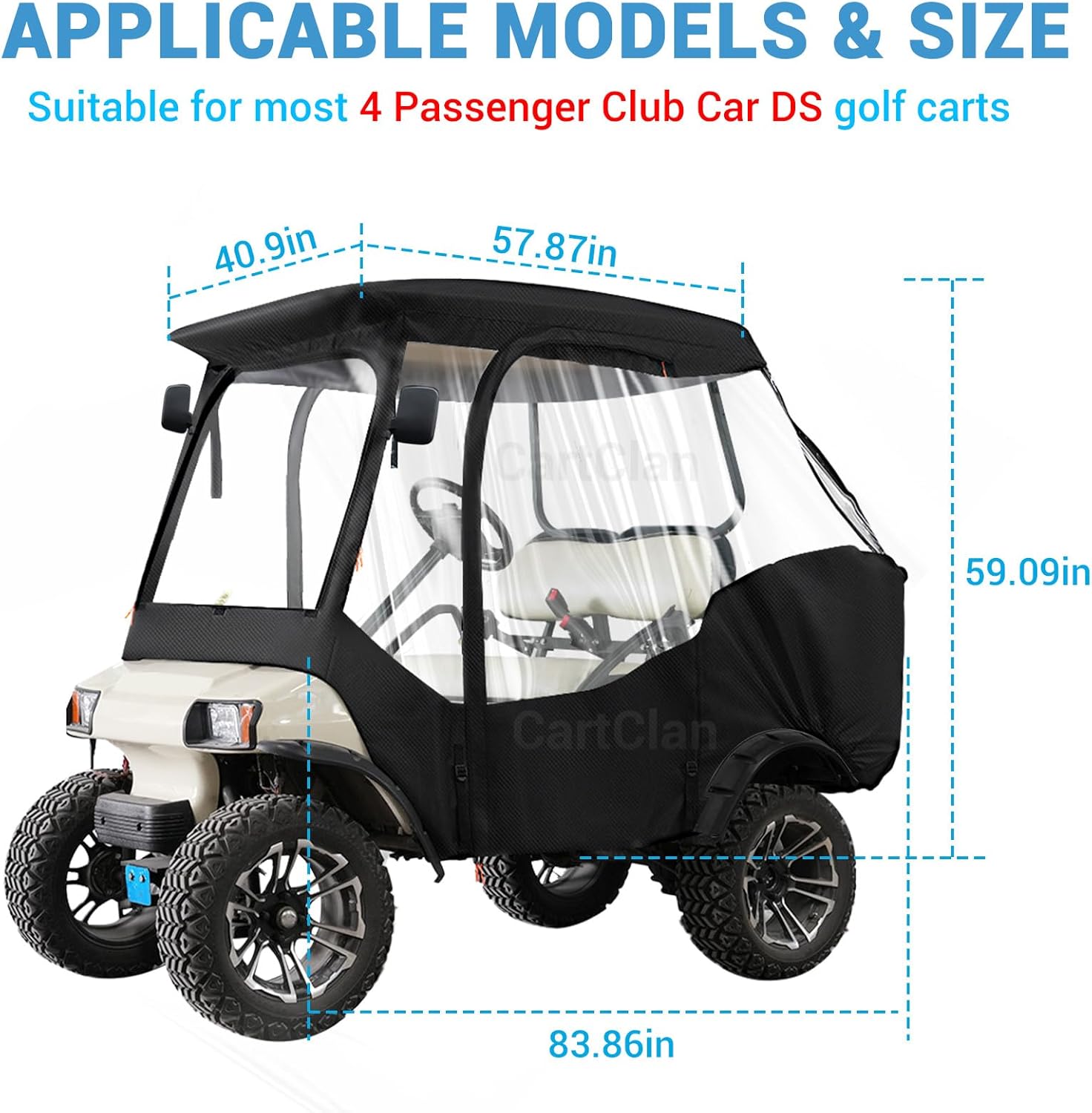 Golf Cart Enclosure Suitable for 4 Passenger Club Car DS Golf Carts, Club Car DS Golf Cart Heavy Duty Rain Cover with 4 Zipped Doors(Includes Storage Bag)