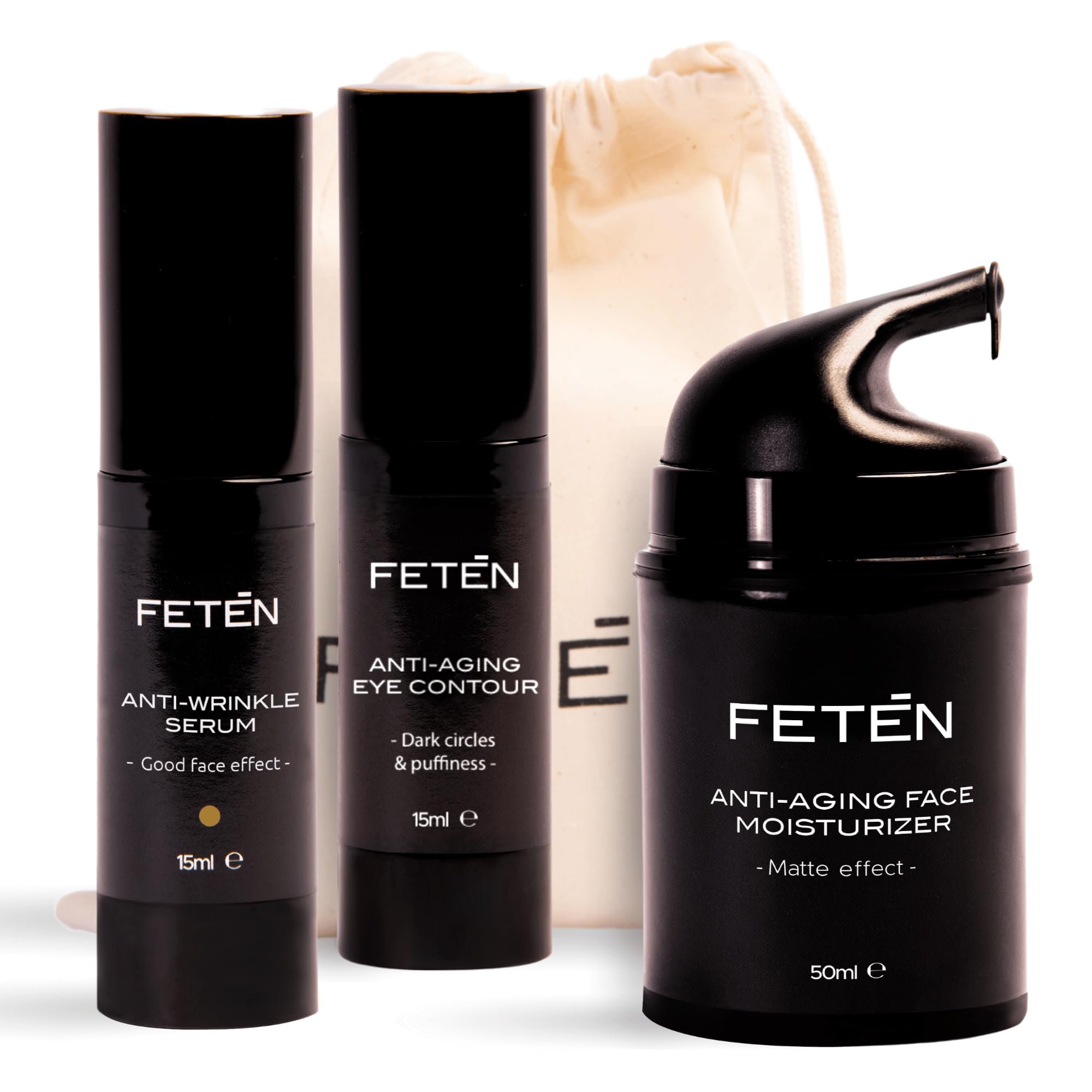 FETEN Set Cremas Hombre Regalo - pack skincare con crema antiarrugas contorno de ojos y sérum antiedad, rutina cuidado facial, skincare kit ritual, cremas para regalar, estuche para regalo