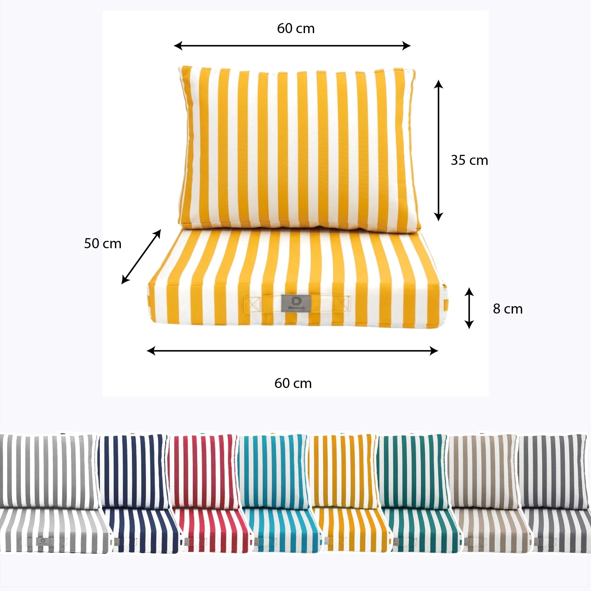 Déco Arts — Set de 2 Cojines Desenfundables Sofá Jardín 60x50 — Asiento 60x50 + Respaldo 60x35 cm — Impermeable Anti-UV — Repuesto Muebles Jardín Terraza Balcón Porche — A Rayas Amarillas