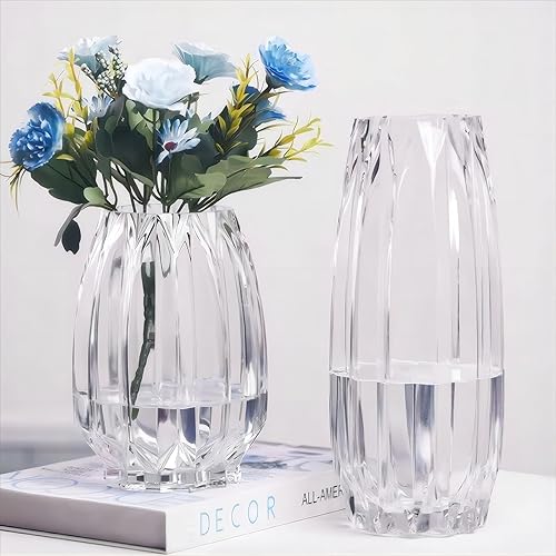 Miniatura 5 de Jarrón grande de 11 pulgadas, florero de vidrio acanalado transparente grueso para estantería, mesa de comedor, escritorio de oficina interior, sala