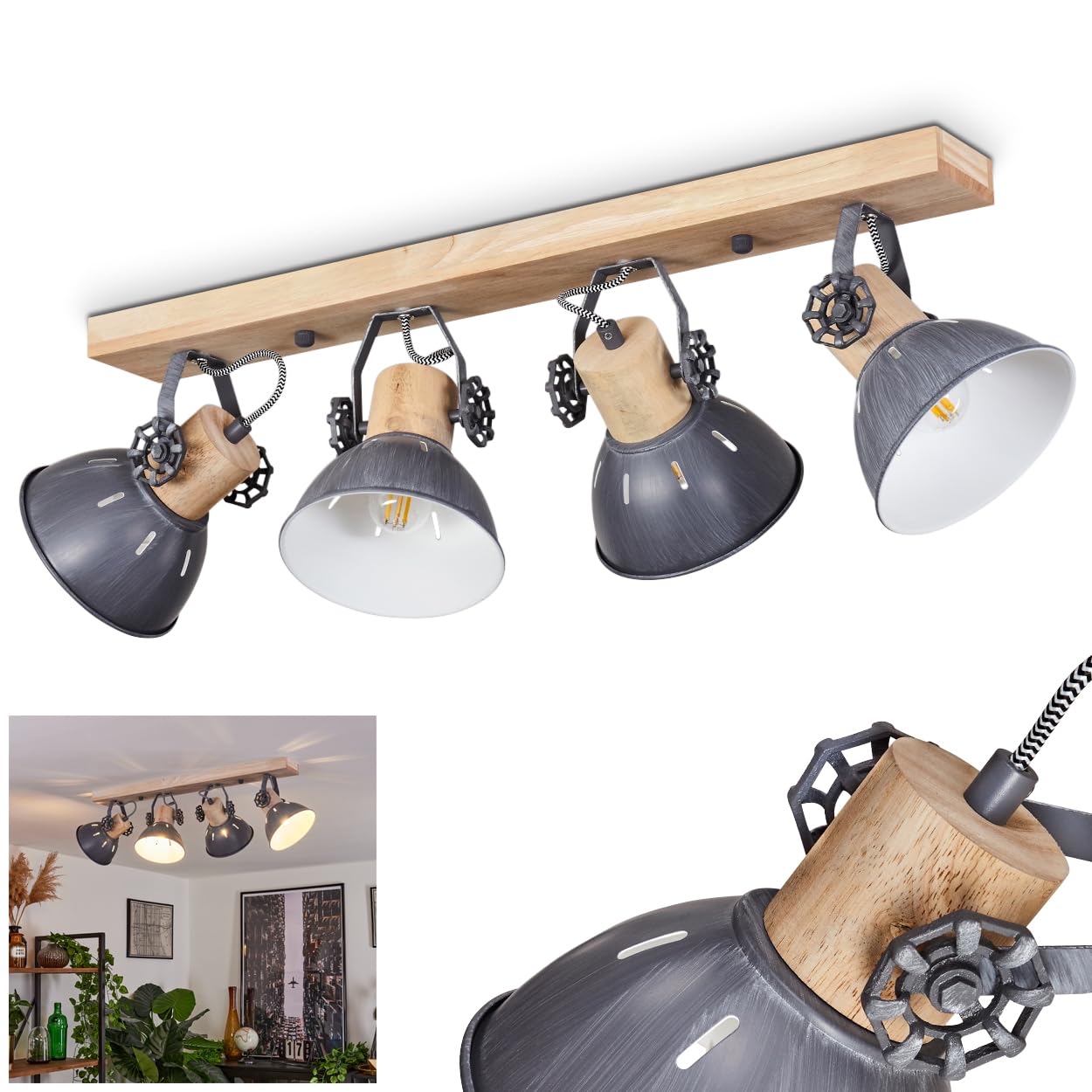 Ceiling lamp Orny, Ceiling lamp in Vintage Design Made of Metal/Wood in Grey/White/Nature, Light Slits, lamp with Wooden Beams, Textile Cables and Adjustable spotlights, 4-Flame, E27, Without Bulbs