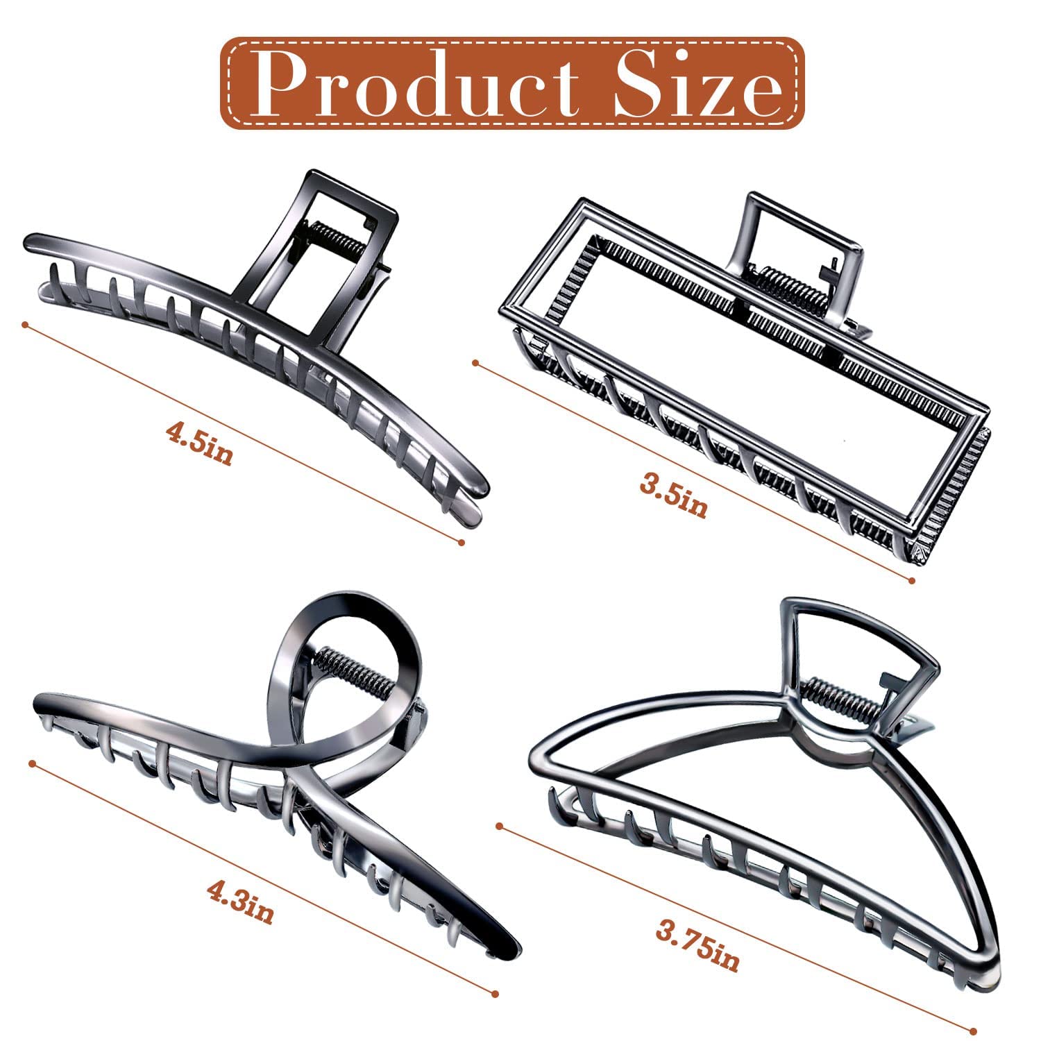 AIBEE Pinzas de metal grandes para el cabello, elegantes pinzas de mariposa para cabello grueso y fino, paquete de 4 pinzas largas para mujer (negro metálico)