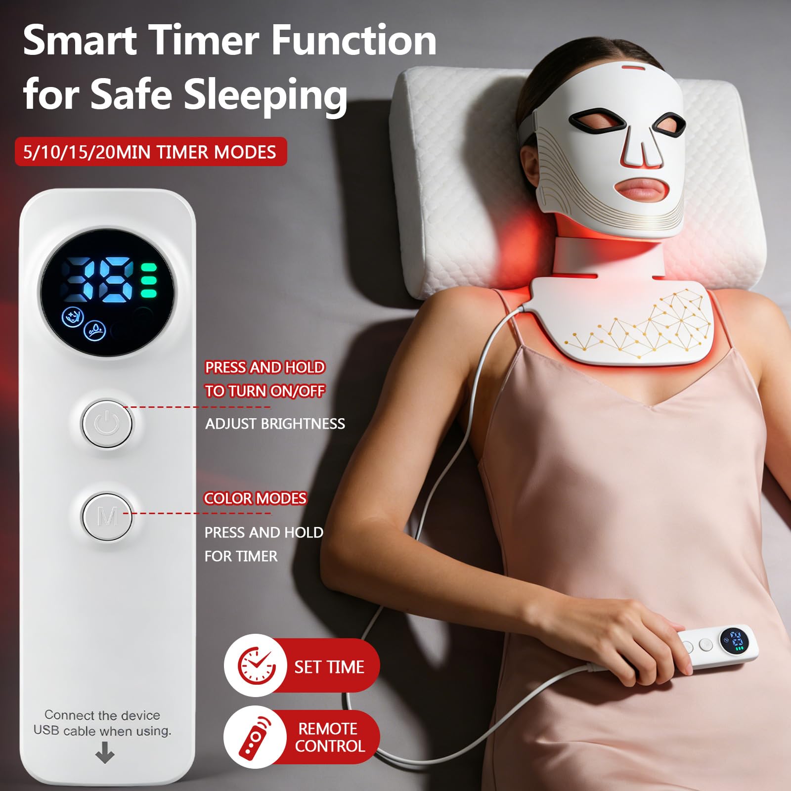 Masque LED Visage & Cou,Thérapie par Lumière Rouge à 7 Couleurs avec Minuterie Intelligente - Raffermissant, Soin Visage pour Tous Types de Peau,Blanc
