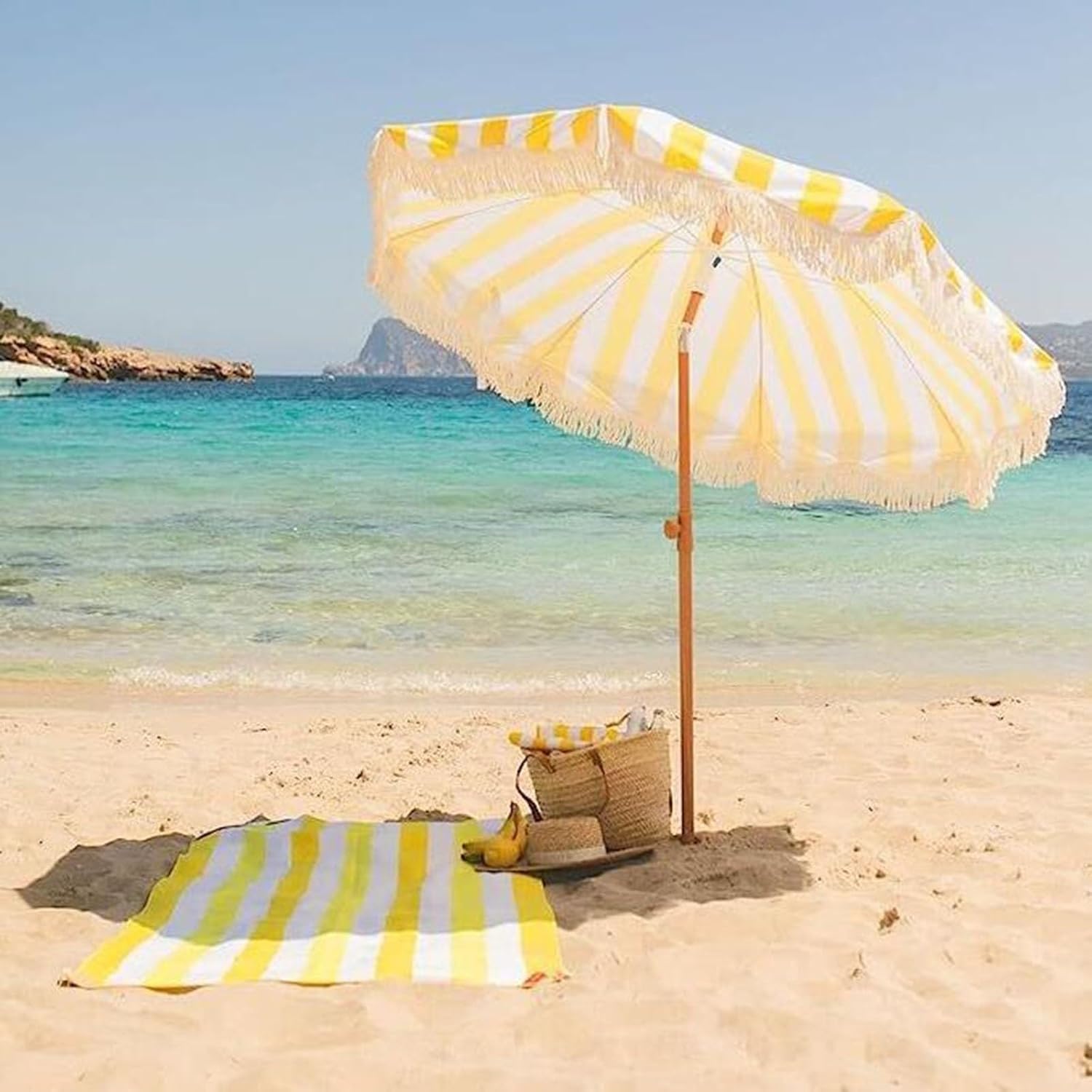 2m Parasol Z żółtego Włókna Z Frędzlami, Parasol Plażowy, Parasol Kempingowy Na Patio, Gelb