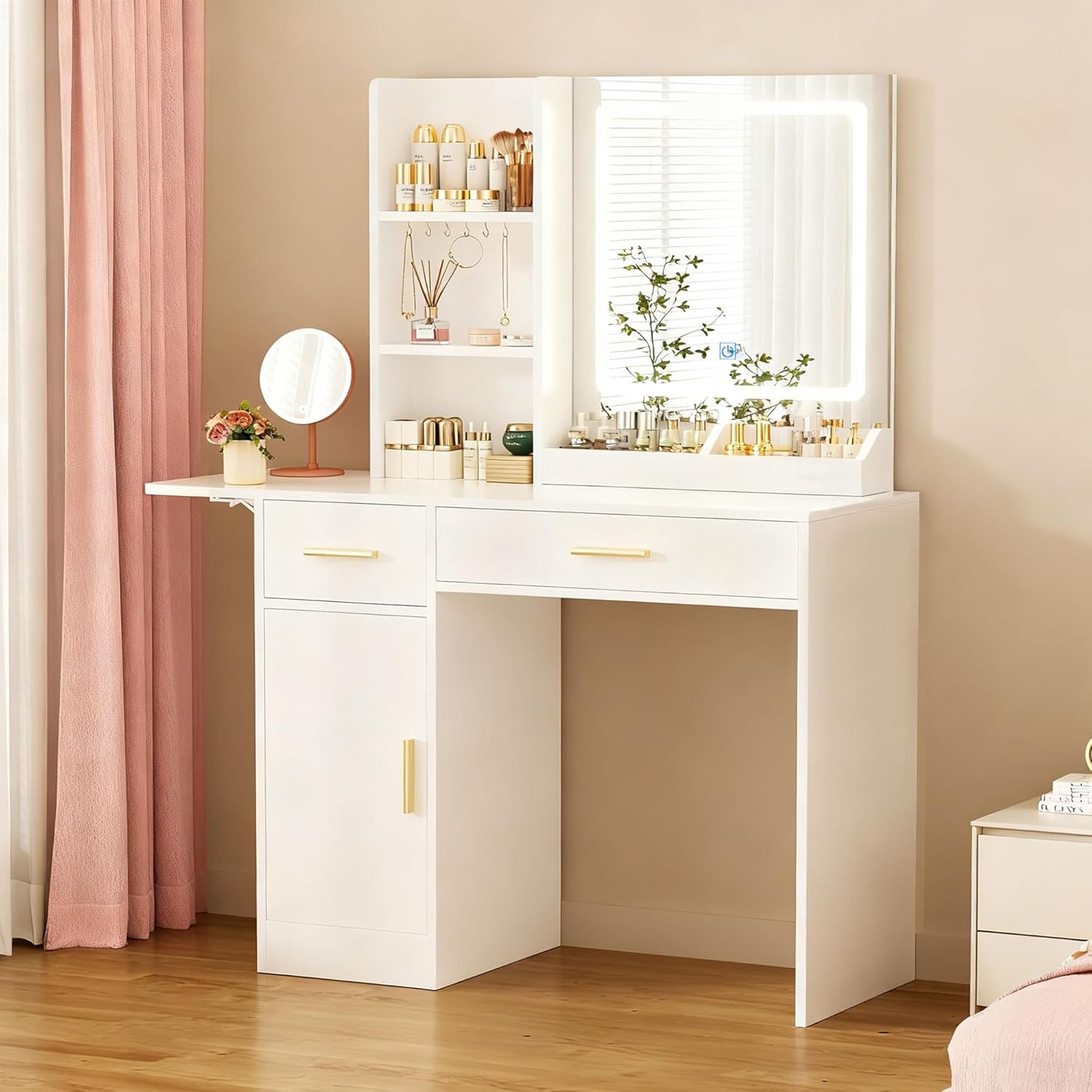 Vanity Desk with Mirror and Lights, 39.37" Makeup Desk with Stool and Power Outlet, 4 Drawers and Open Shelves Makeup Vanity with Extral Foldable Desk for Bedroom, White