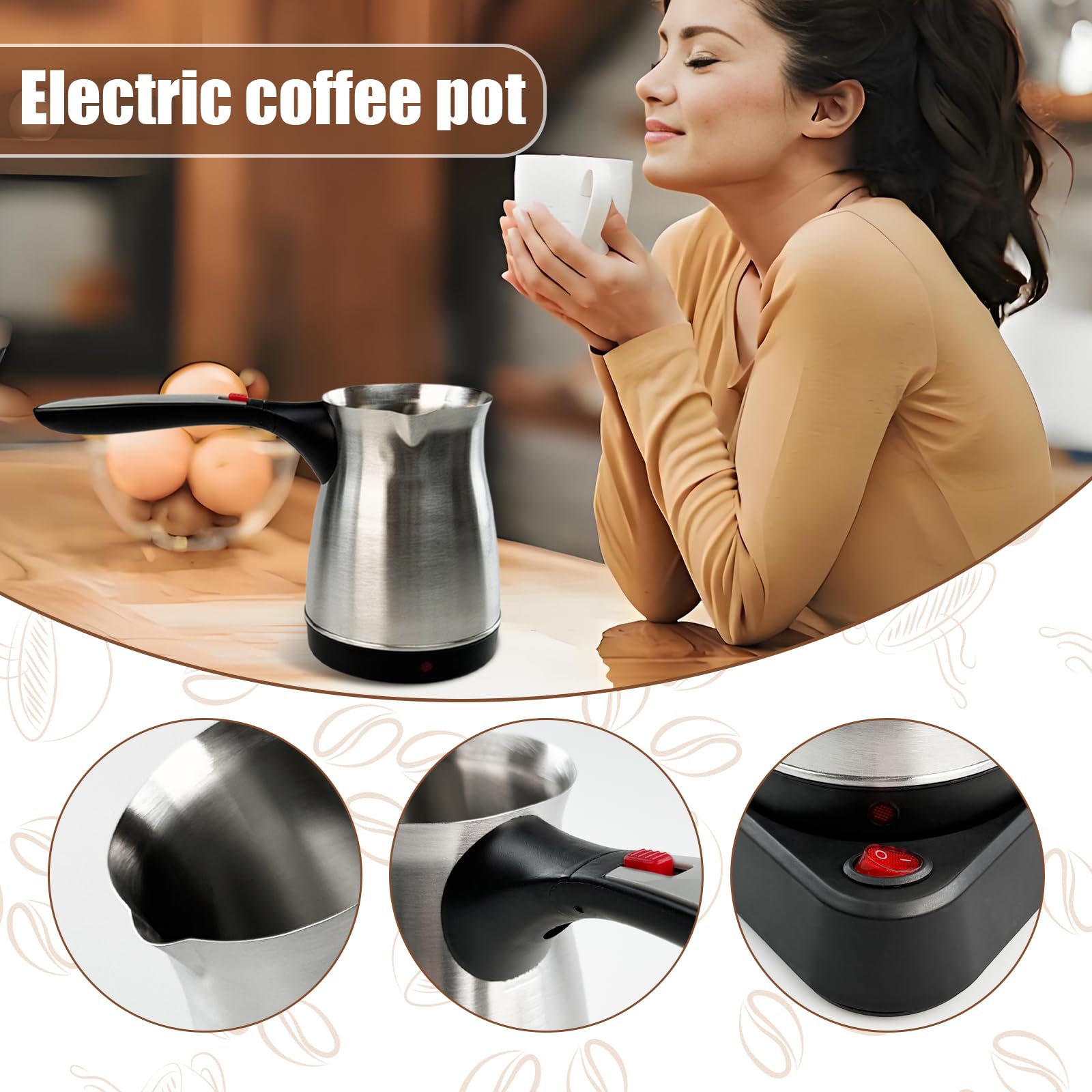 Electric Turkish Coffee Pot, 600ml Stainless Steel Heating Tea Maker Kettle with Foldable Handle, 110V US Plug Turkish Electric Coffee Maker Machine for Home/Travel