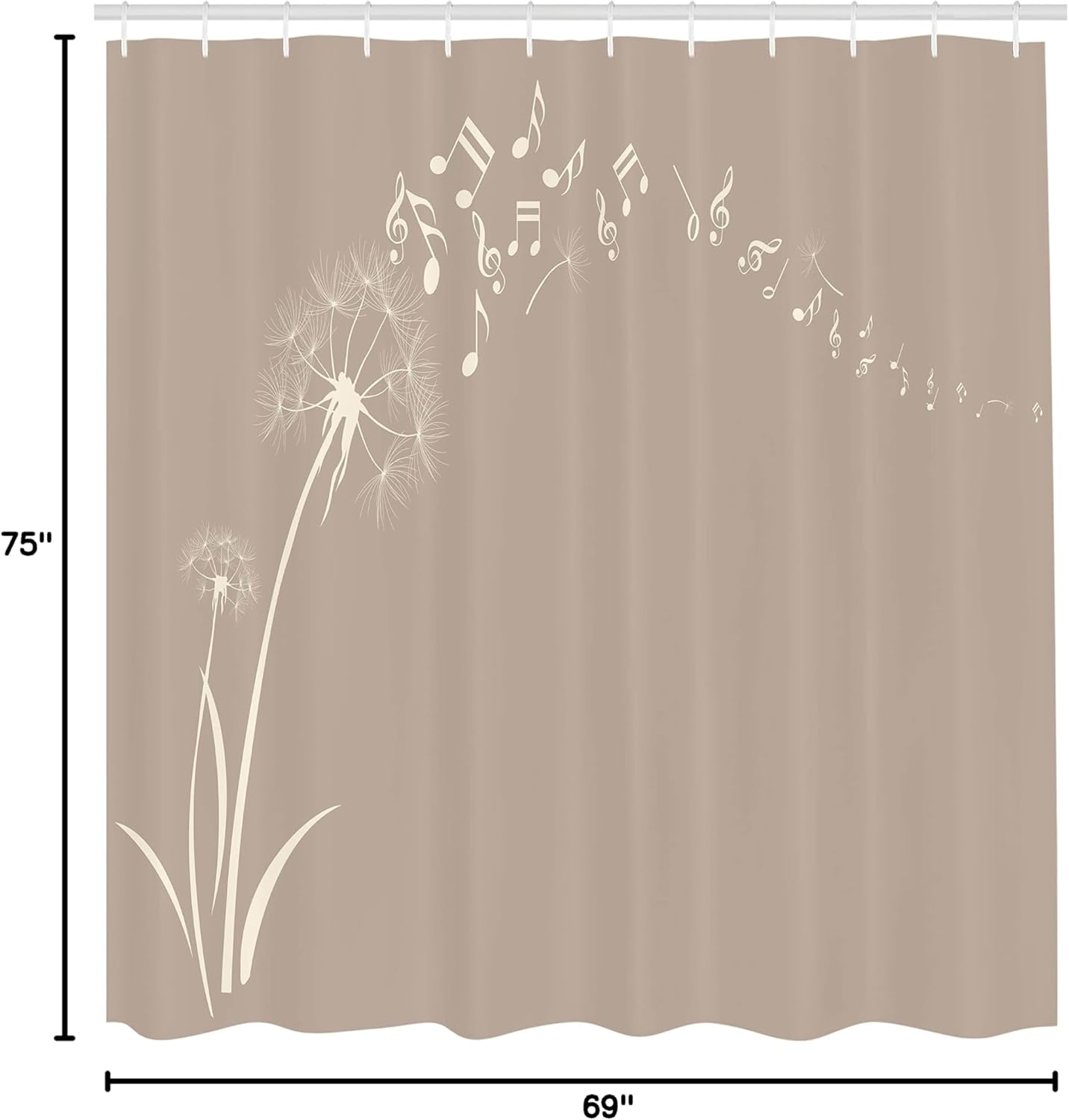 Ambesonne Music Shower Curtain, Flying Dandelions Notes Summer Spring Meadow Silhouette Softness Simple Print, Cloth Fabric Bathroom Decor Set with Hooks, 69" W x 75" L, Warm Taupe