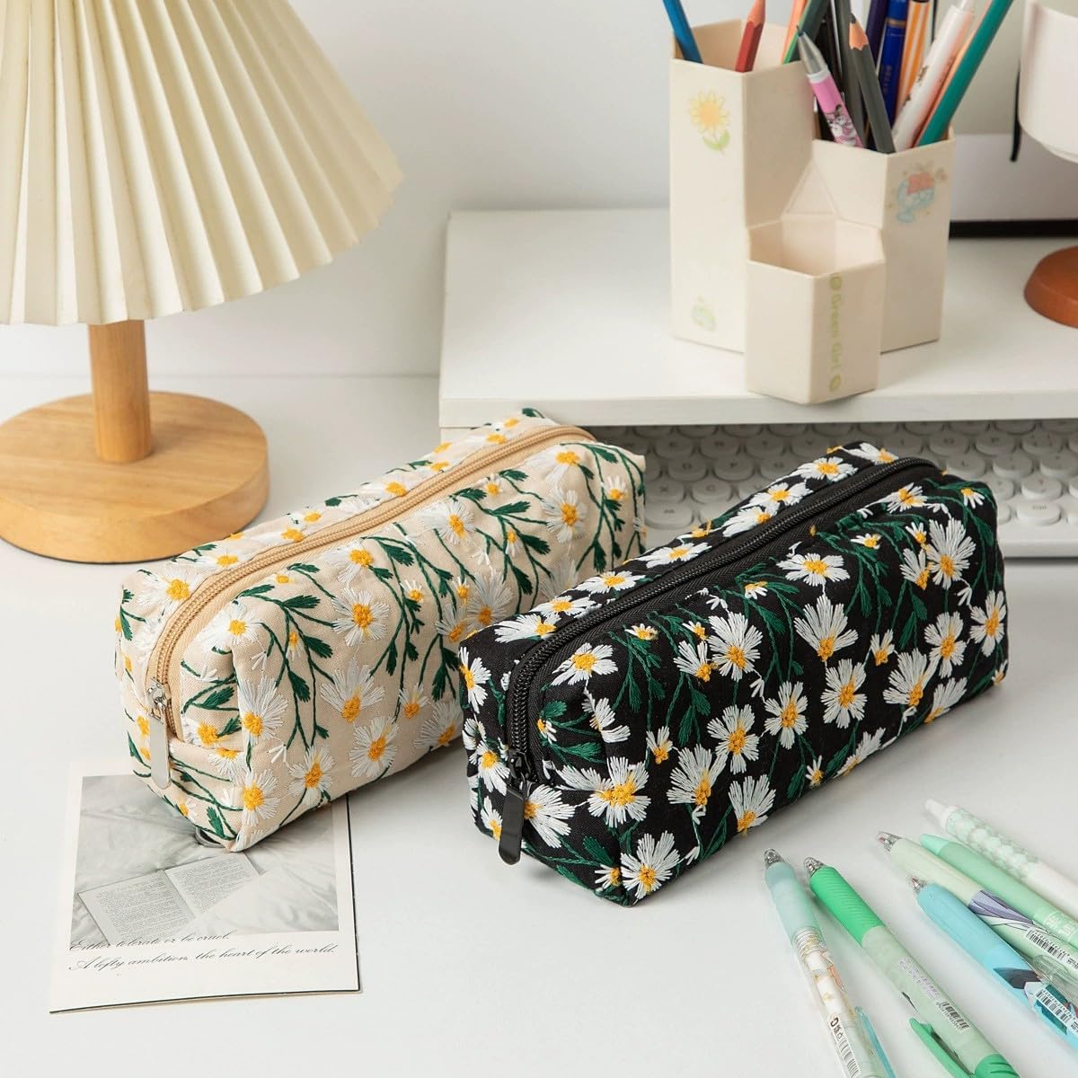 Cute Pencil Case Aesthetic Student Pencil Pouch Coin Pen Pouch Cosmetic Bag Office Stationery Organizer For Kids Teen School (Flowers-L) - Image 4