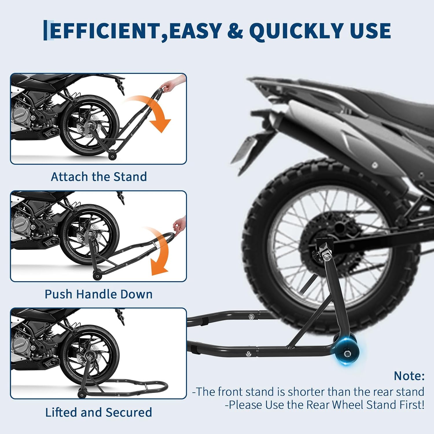 Garvee Motorcycle Stands Front and Rear, 900 LB Heavy Duty Front & Rear Wheel Lift Combo with Prong Adapters+L Adjustable Swingarm Spool, Universal Paddock Stands for Most Motorcycles, Black
