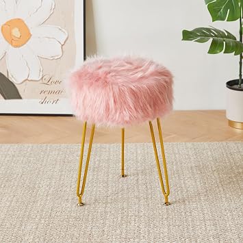 IBUYKE Faux Fur Vanity Chair, Furry Makeup Stool Ottoman, Pink LG-32P | Soft Padded Seat Round Footrest Footstools 4 Metal Legs Living Room Bedroom Entryway