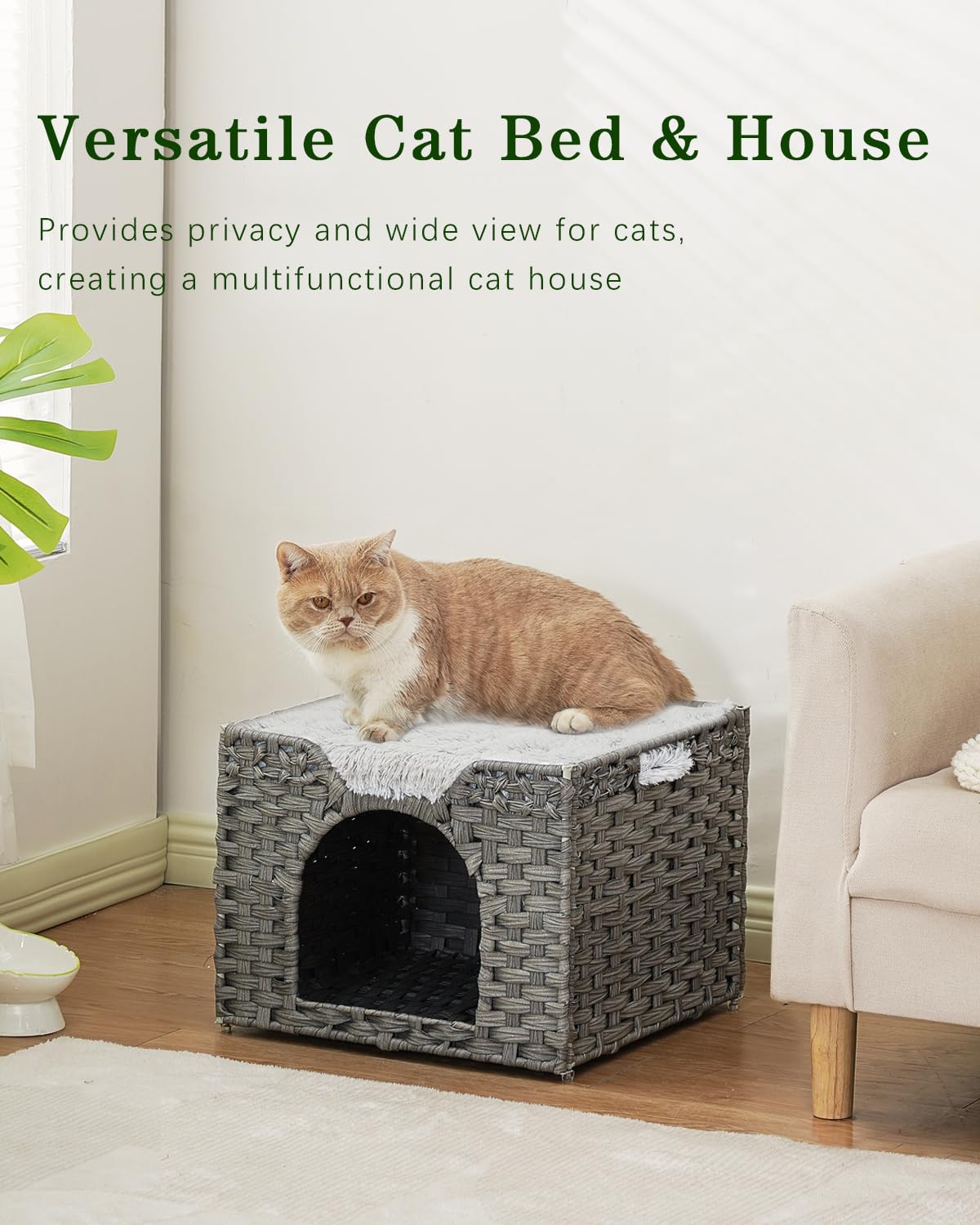 SETVSON Cuccia per gatti da interni, cuccia per gatti in rattan, cuccia per gatti, cuccia per gatti, cuccia per gatti intrecciata a mano, cuccia per gatti grande, coperta per gatti, cuccia per gatti
