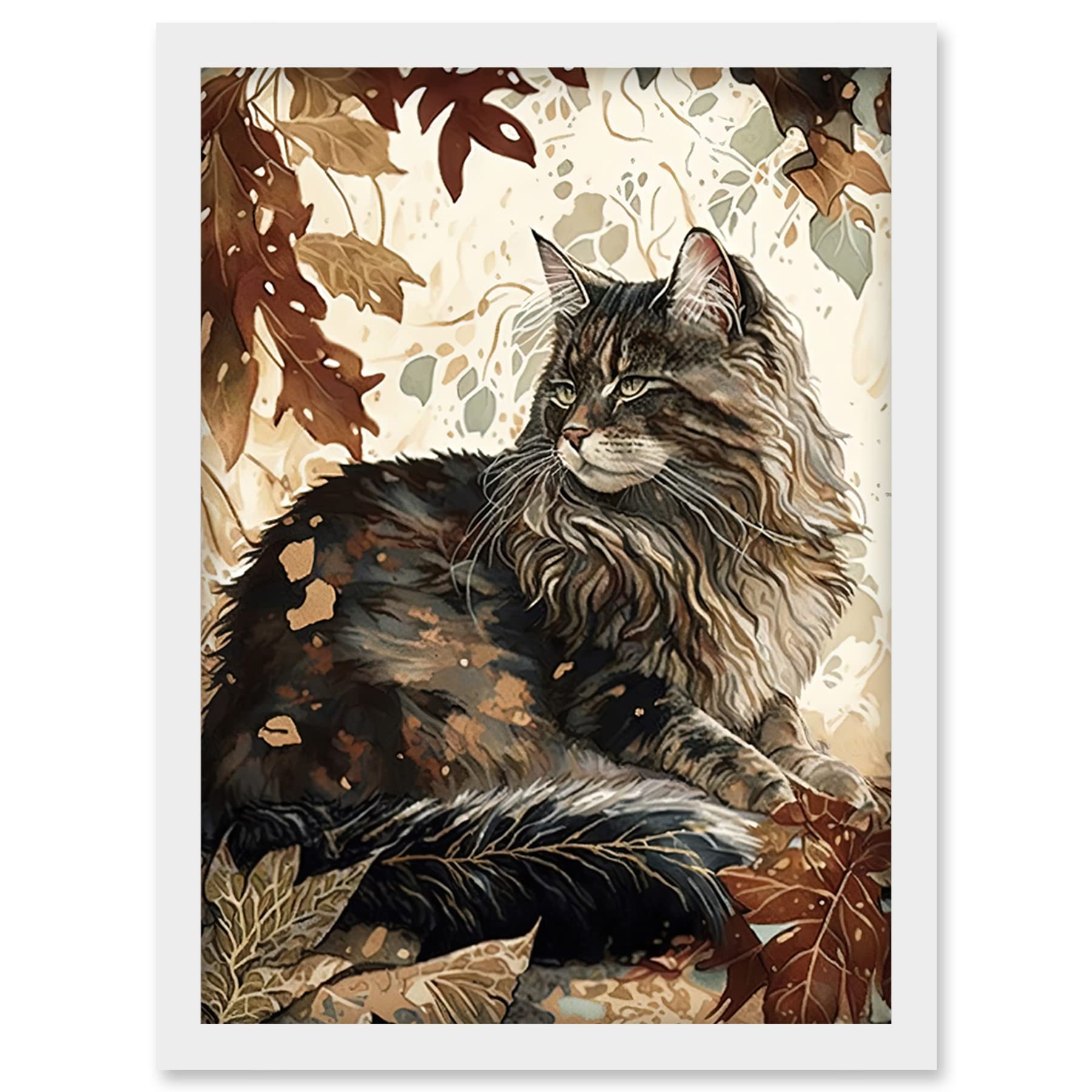 Artery8 Maine Coon Cat in Autumn Leaves Modern Watercolour Ink Illustration Artwork Framed Wall Art Print A4