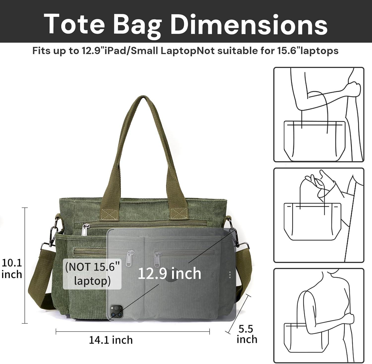 YDF Corduroy Tote Bag for Women Crossbody Purse with Zipper, Aesthetic Multi Pocket Work School Bag, Gifts for Mom Teacher - Image 3