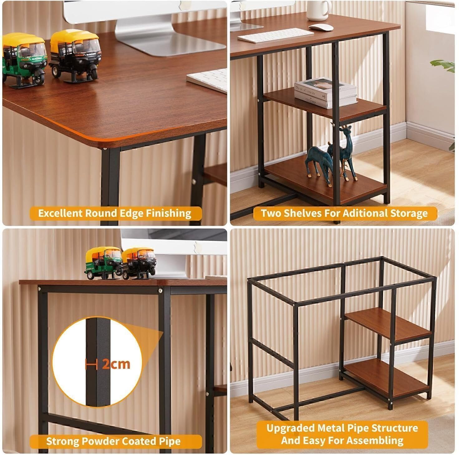 Study Table with 2 Storage Racks,Studying & Work,Home Office Computer Desk for Writing, – Space-Saving Design for Small Rooms (Brown Board with Black Metal)- (L*100,B*60,H*75) cm