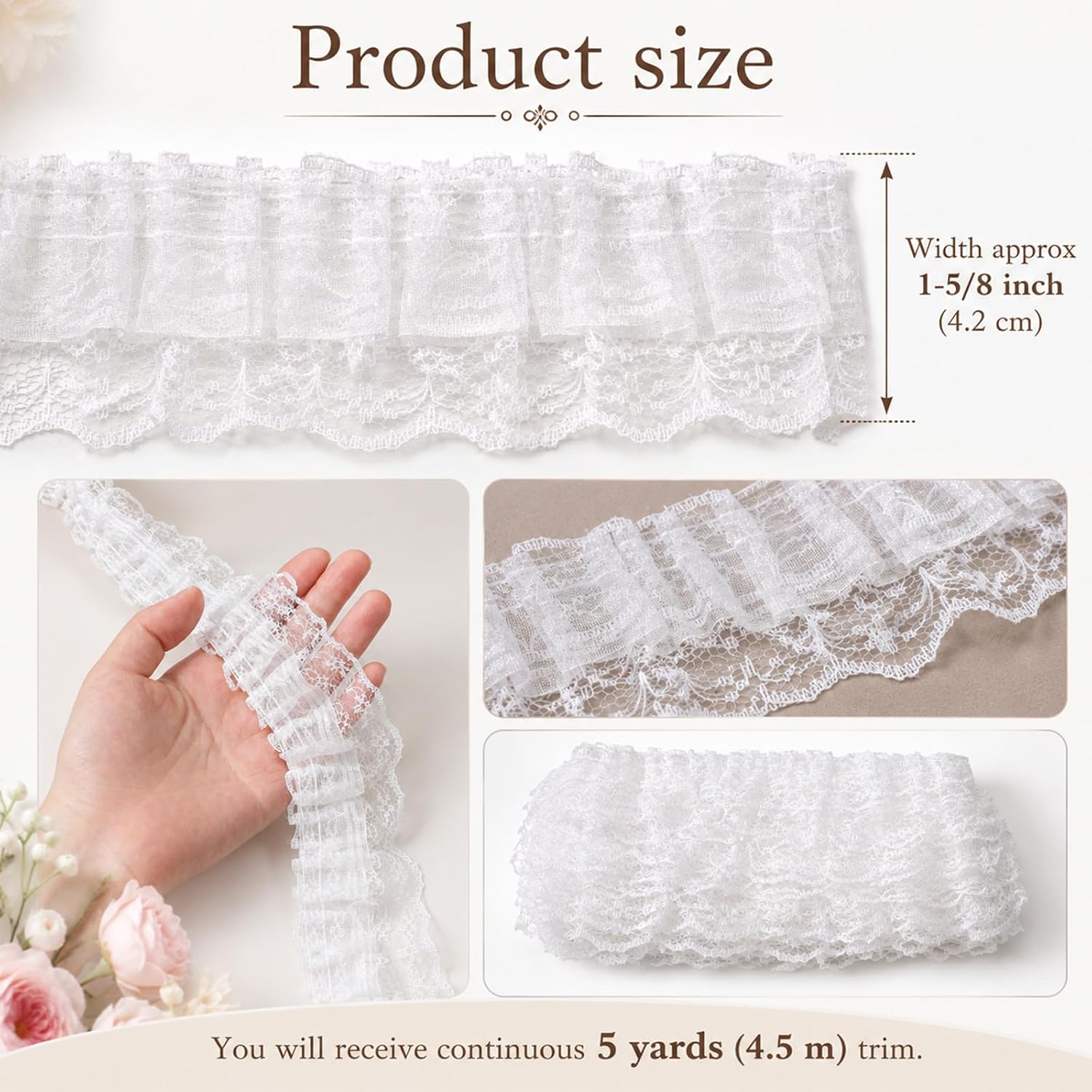 5 Yards White Lace Ribbon 2 Layer Pleated Ruffle Trim for Sewing