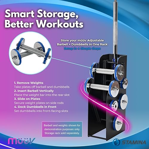 Miniatura 4 de müüv - Juego de mancuernas ajustables 2 en 1 y sistema de mancuernas para gimnasio en casa, juego de pesas de 5 a 40 libras con platos y asas,