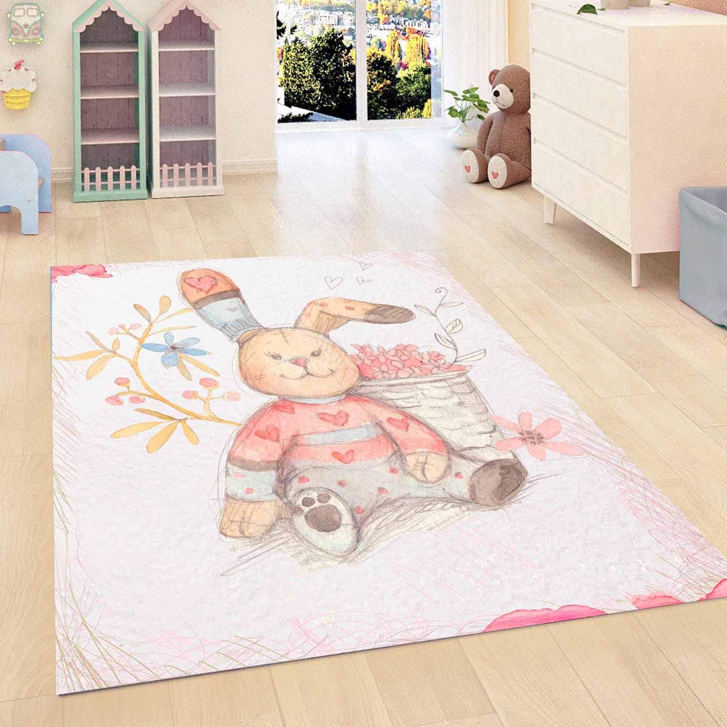 Else Funny Pink Rabbits Cute Animal 3D Print Non Slip Microfiber Kids Baby Room Decorative Area Rug Mat