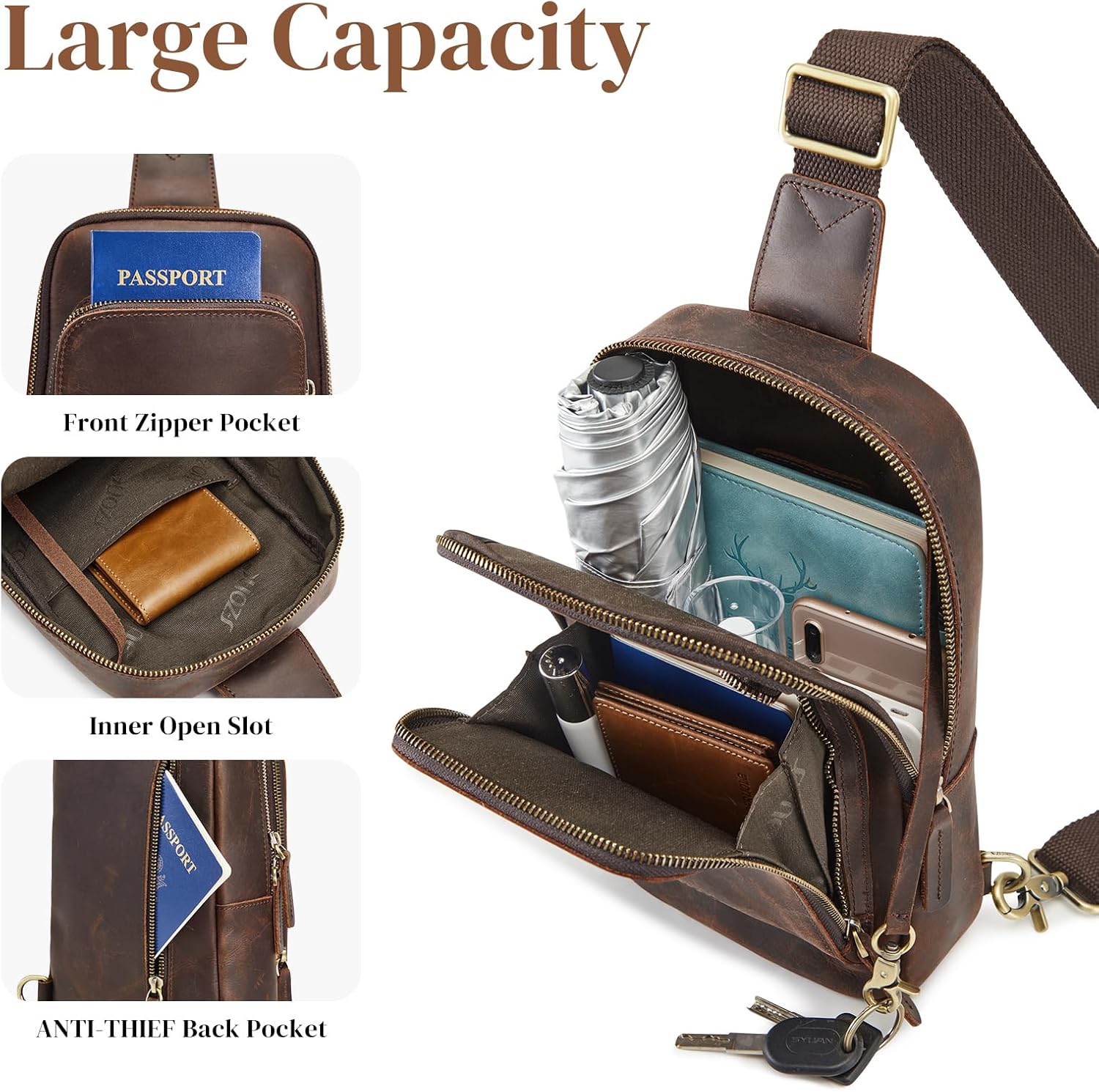 S-ZONE Sling Bag for Men Women RFID Blocking Top Grain Leather Crossbody Shoulder Bag Chest Hiking Daypack Travel - Image 5