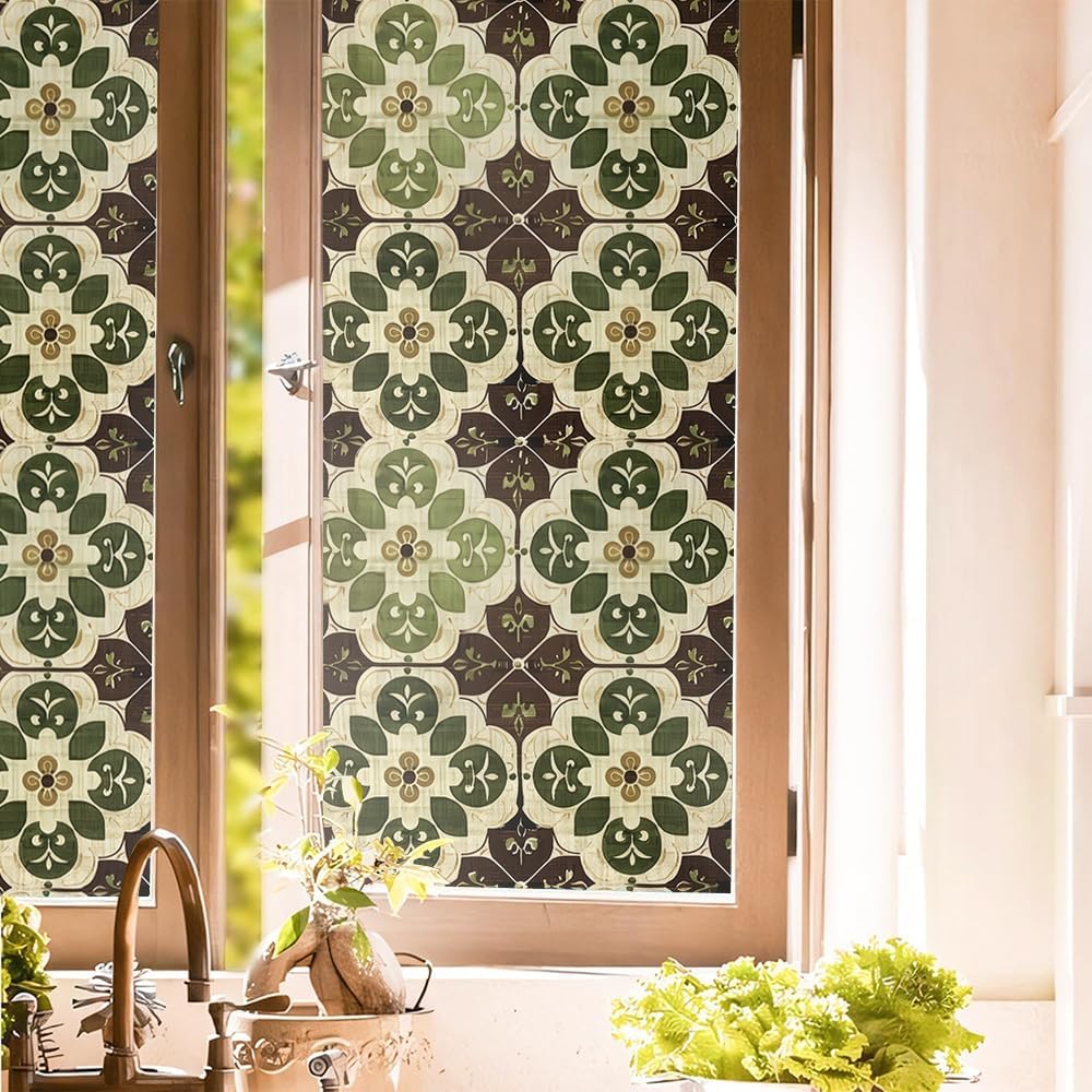 16“x118 Olive Stained Glass Window Films Decorative Window Privacy Film Self-Adhesive Static Glass Window Clings Stickers for Living Room Bathroom Glass Windows Decor