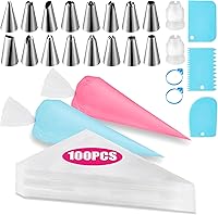 BOOMIBOO Cake Decorating Kit: 100 Disposable 12 Inch Piping Bags, 16 Stainless Tips, Couplers, Ties & Scrapers - Anti-Burst Baking Supplies