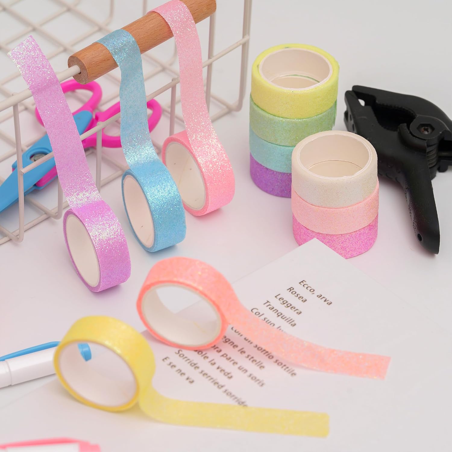 Glitter Washi Tape Set 12 Rolls Sparkling Foil Decorative Sprinkle Colored Masking Tapes for Arts, DIY Crafts, Journals, Planners, Scrapbook, Wrapping (12 Colors)