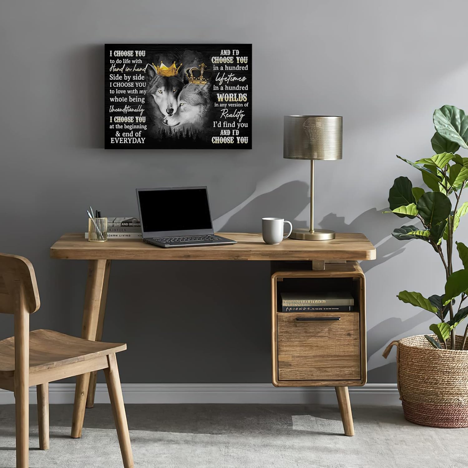 Kasluolo Black and White Wolf Wall Art Christian Two Wolves Poster Wolves King and Queen Crown Picture Motivational Canvas Print Painting for Bathroom Bedroom Office Framed Artwork 12x16 inch