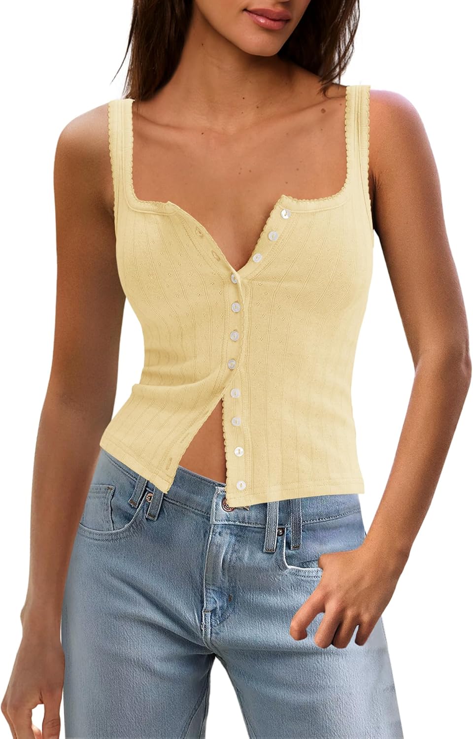 Panadila Womens Ribbed Square Neck Tank Top Summer Button Down Tanks Sleeveless Knit Tops Going Out Outfits