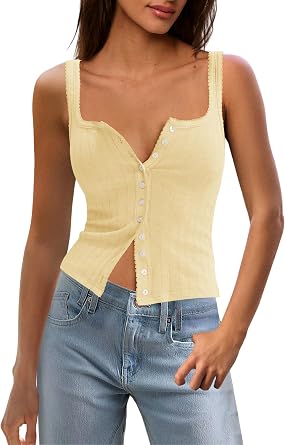 Panadila Womens Ribbed Square Neck Tank Top Summer Button Down Tanks Sleeveless Knit Tops Going Out Outfits