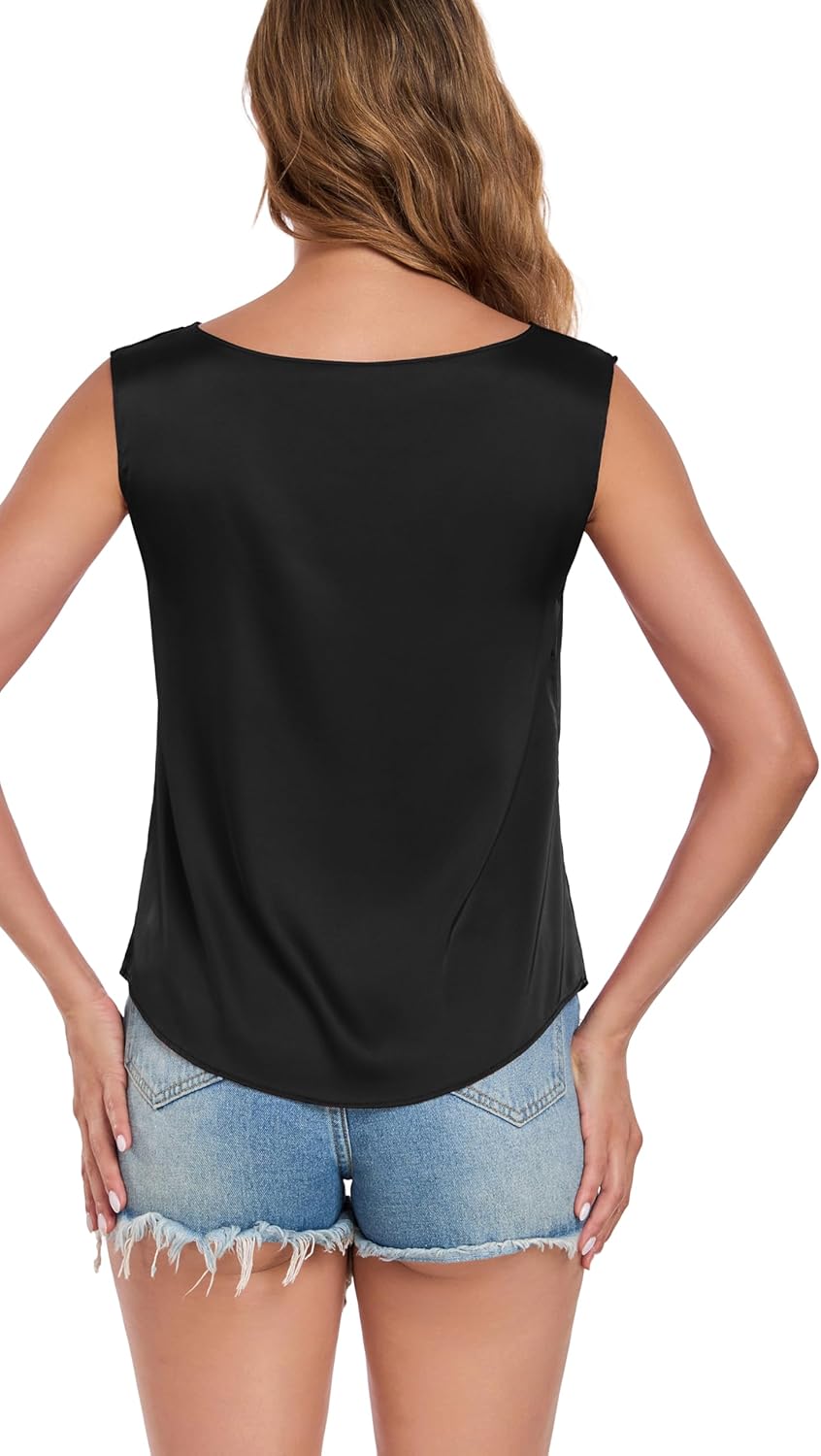 Wantschun Women's Summer Fall Silk Satin Shirt Sleeveless Blouse Boat Neck Basic Casual Tank Top Shell Top - Image 5