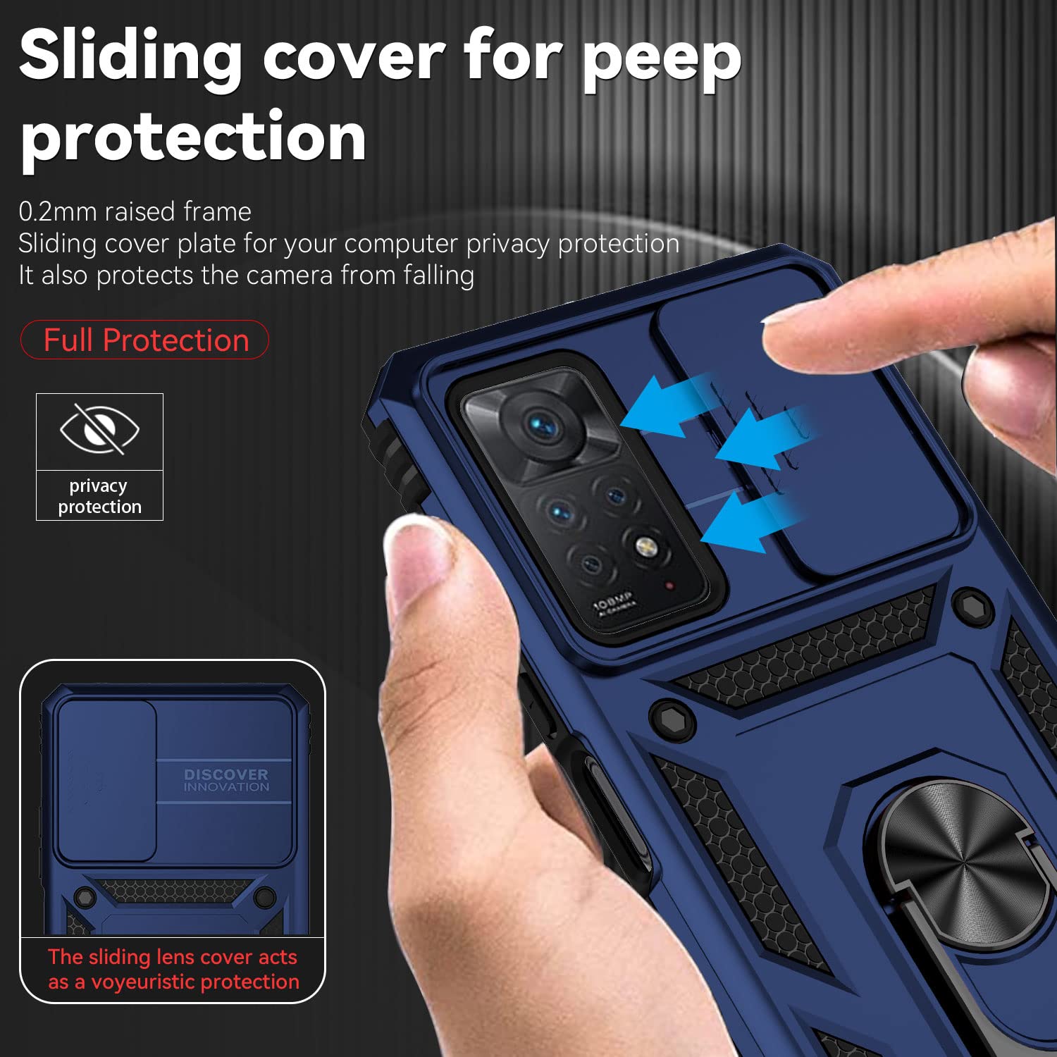 Funda para Xiaomi Redmi Note 11 Pro/Note 11 Pro 5G Carcasă Armor Militar Cubierta de Cámara Deslizante Proteger Fundas con 360 Full Protección Anillo Soporte Silicona Estuche Cover Case,Azul — view 3