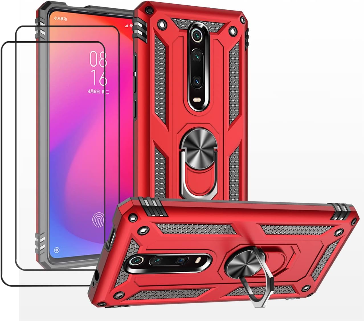 JOYTAG compatibles para Funda Xiaomi Mi 9T/MI 9T Pro,Carcasa +Cristal Templado [2 Piezas] Silicona Silicona TPU 360 Grados Anillo Giratorio magnético Soporte Caja del teléfono del Coche-Rojo