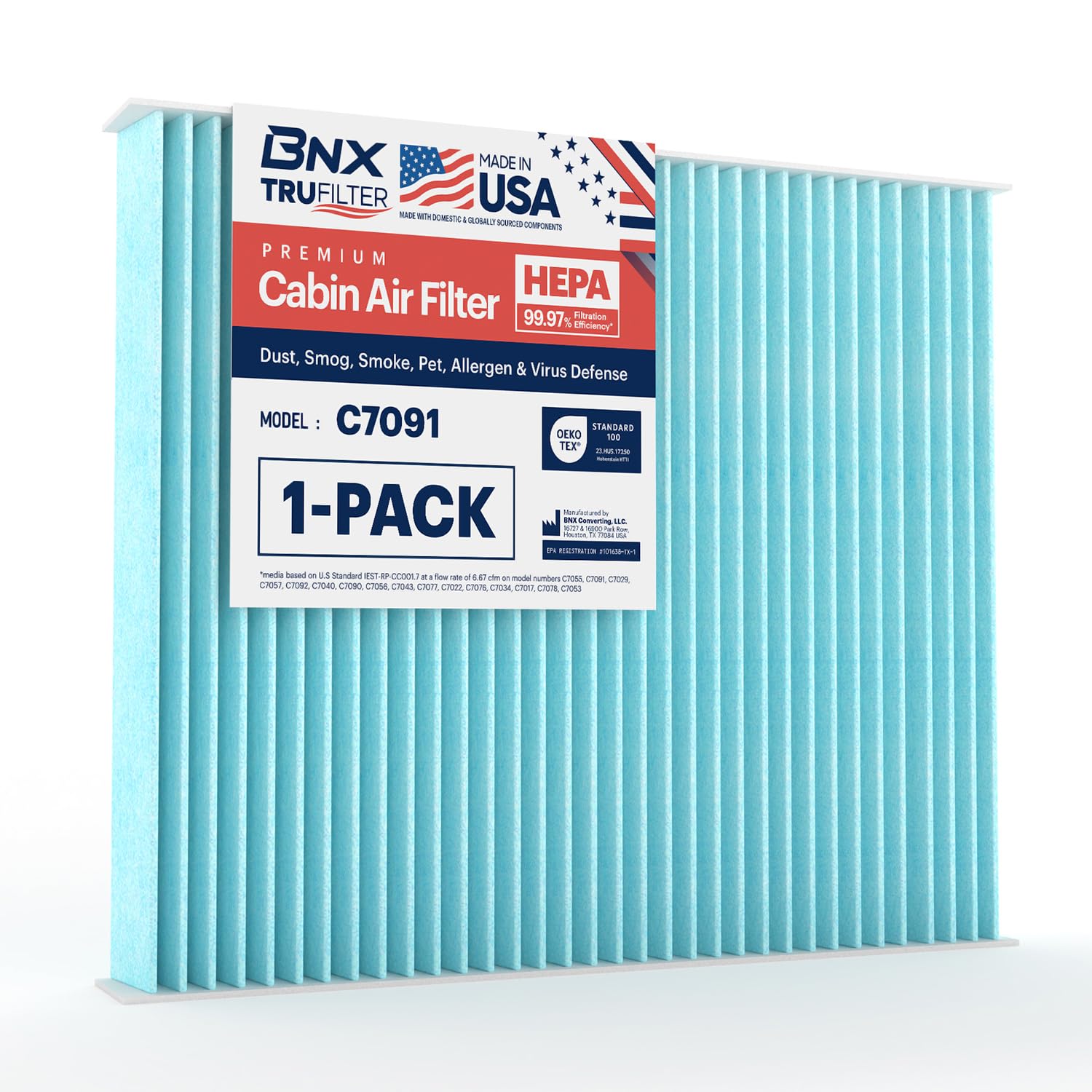 BNX TruFilter C7091 Cabin Air Filter, HEPA 99.97%, MADE IN USA, Compatible With Select Chevrolet: Silverado, Impala, Cruze, Malibu, Traverse, GMC: