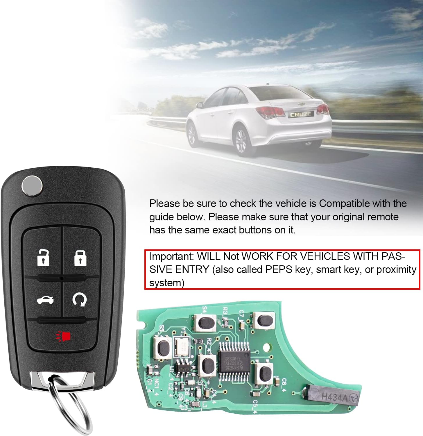 5button Flip Key Fob Replacement Fits for Chevy Equinox Camaro 2010 2011 2012 2013 2014 2015 2016 2017 Cruze Malibu Impala Sonic GMC Terrain Buick Lacrosse Regal Verano Car Keyless Entry (Pack of 2)