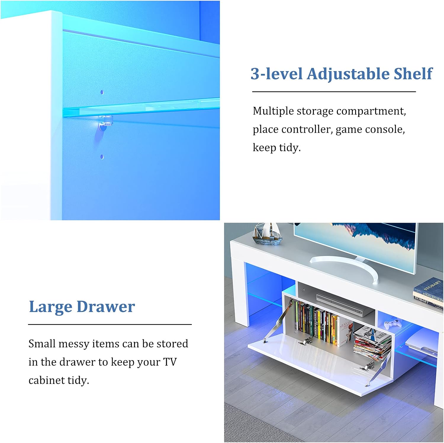 Glossy Led TV Stand Entertainment Center for 55 Inch TV, Modern TV & Media Console Table with Storage Drawer, Flat Screen TV Cabinet, Gaming Consoles for Living Room(51 Inch White)