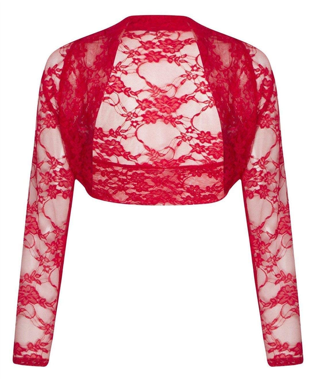 FAIRY BOUTIQUE Womens Floral Lace Cropped Bolero Shrug Ladies Long Sleeve Open Front Crop Cardigan Top Red